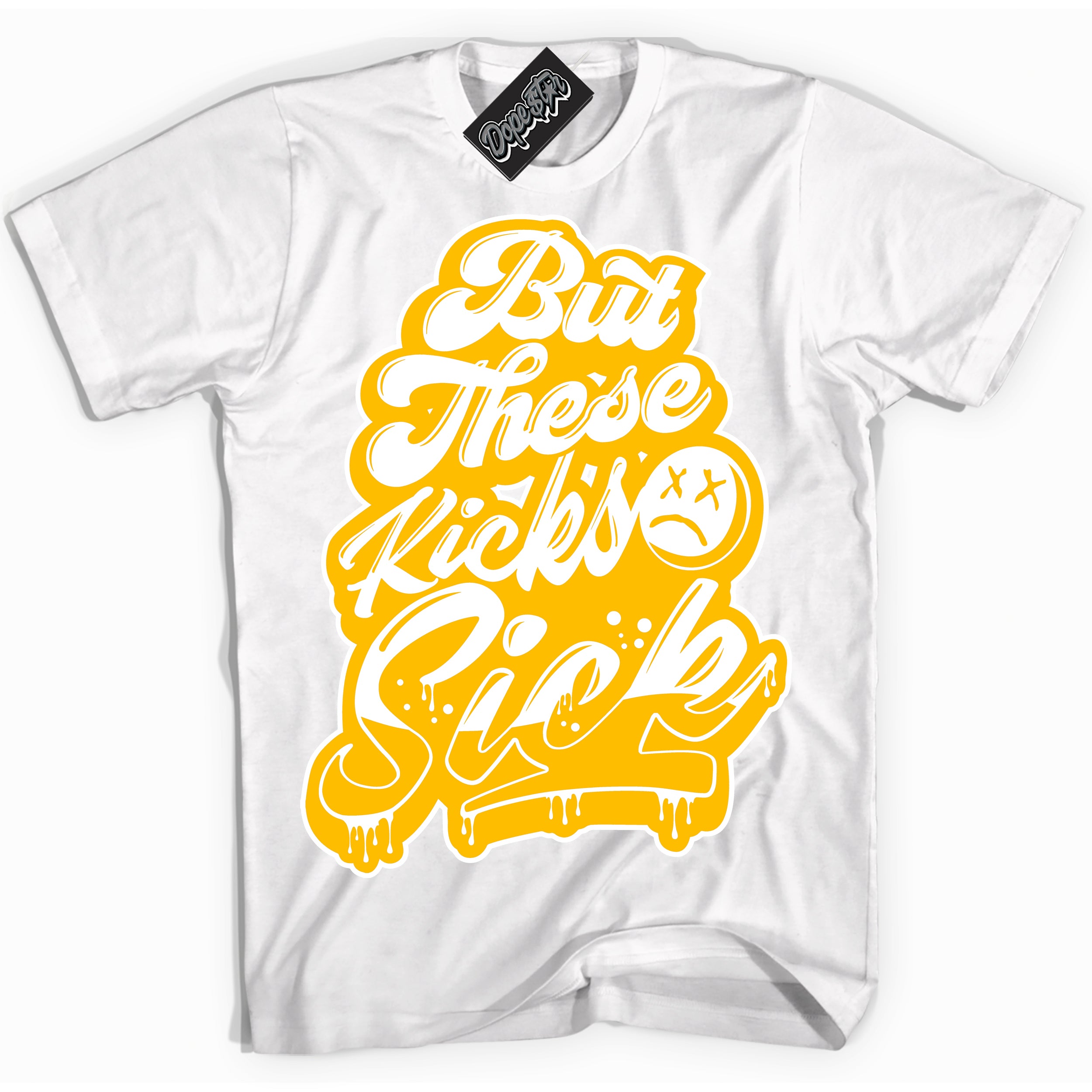 Cool White Shirt with “ Kick Sick ” design that perfectly matches White University Gold Sneakers.