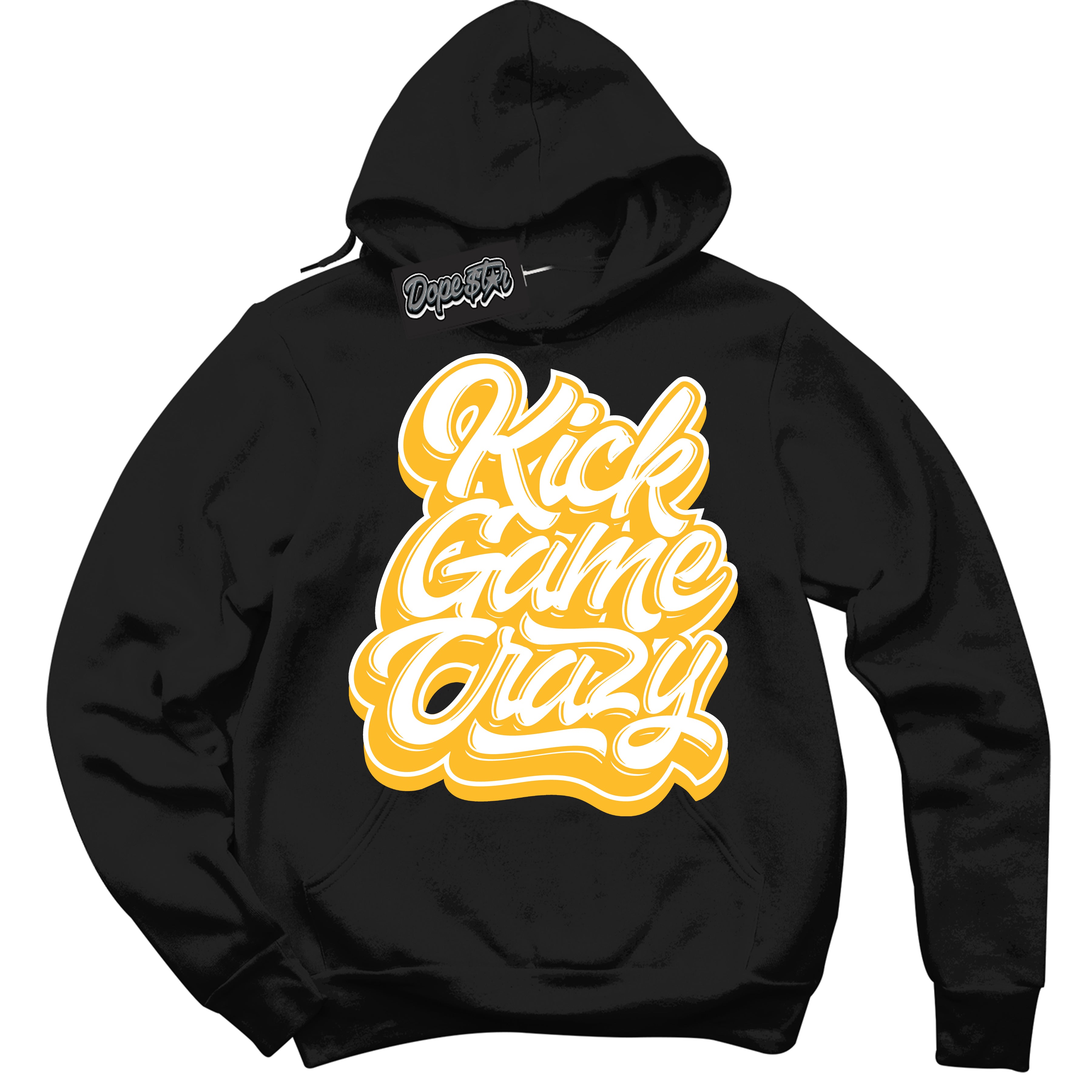 Cool Black Hoodie with “ Kick Game Crazy '' design that Perfectly Matches  White University Gold Sneakers.