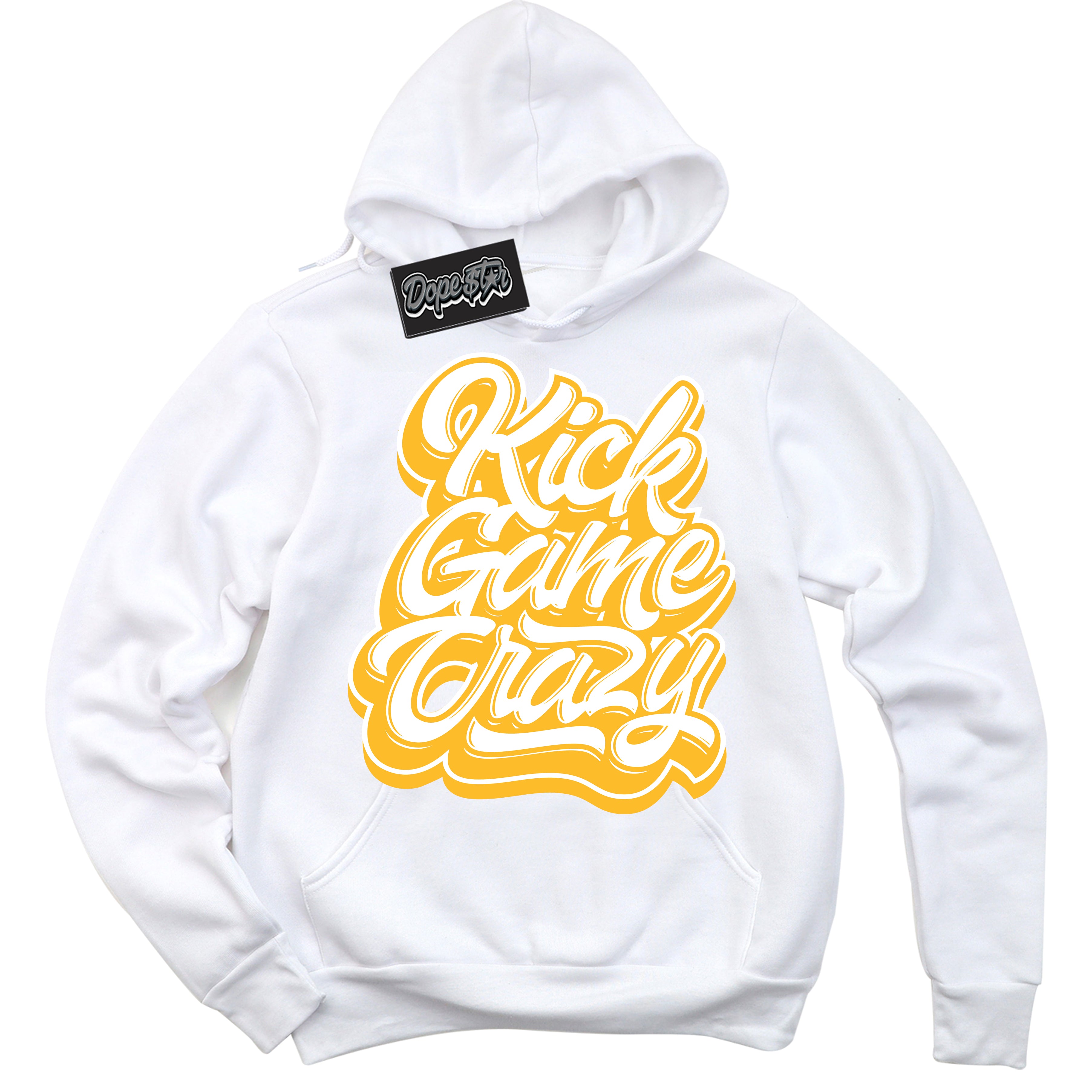 Cool White Hoodie with “ Kick Game Crazy '' design that Perfectly Matches  White University Gold Sneakers.