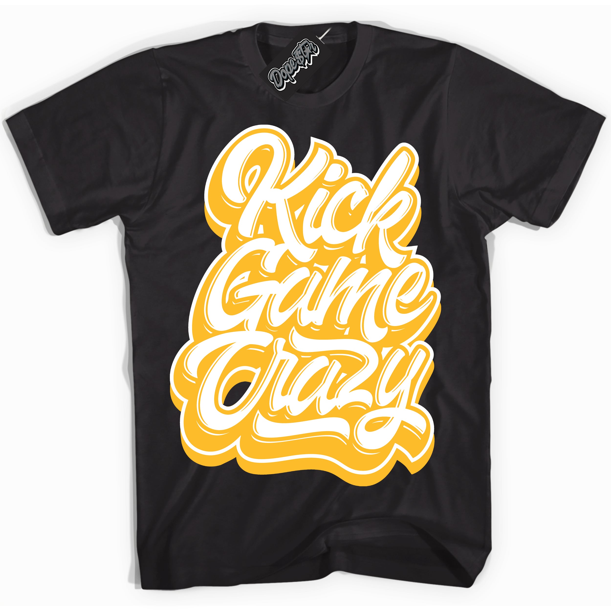 Cool Black Shirt with “ Kick Game Crazy ” design that perfectly matches White University Gold Sneakers.