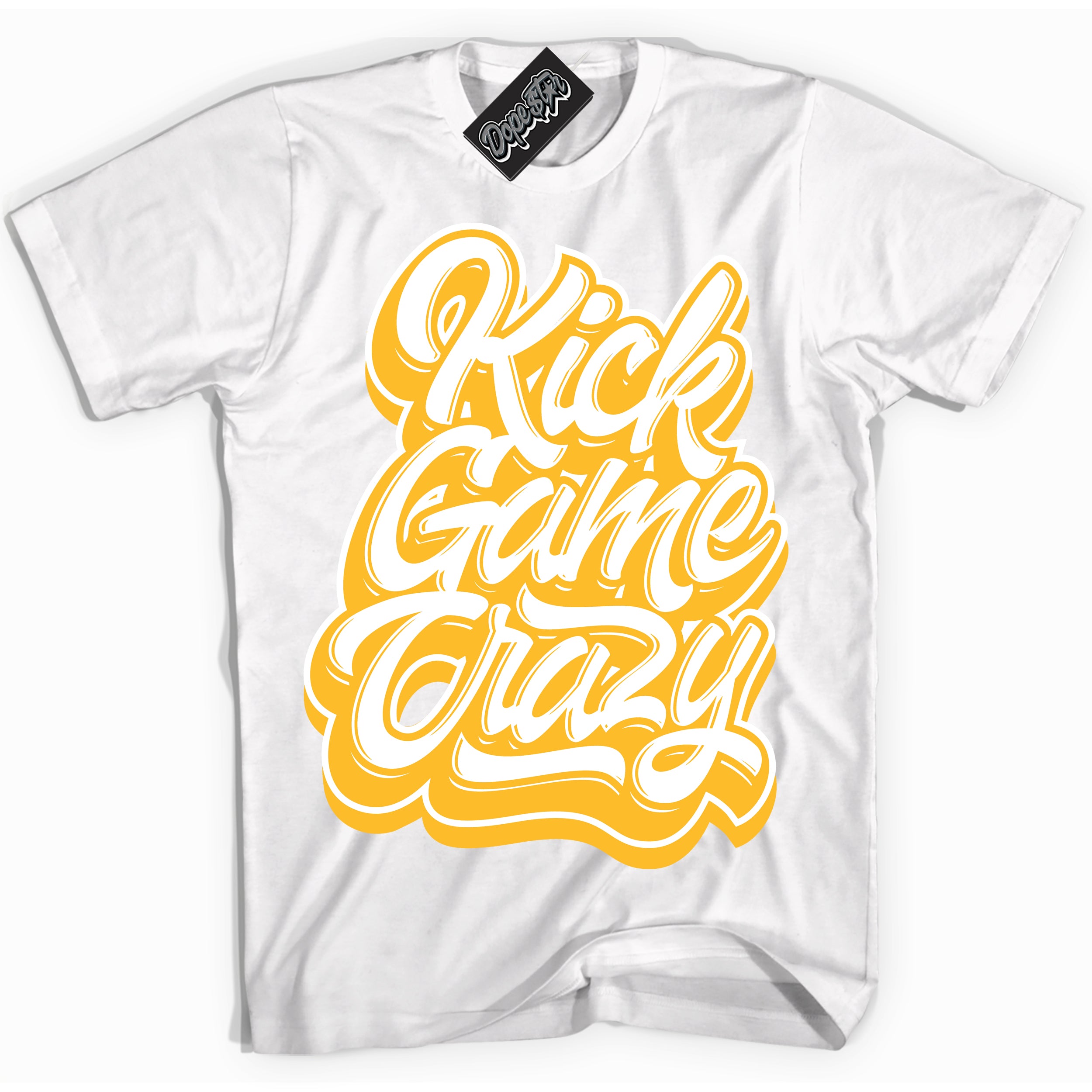 Cool White Shirt with “ Kick Game Crazy ” design that perfectly matches White University Gold Sneakers.