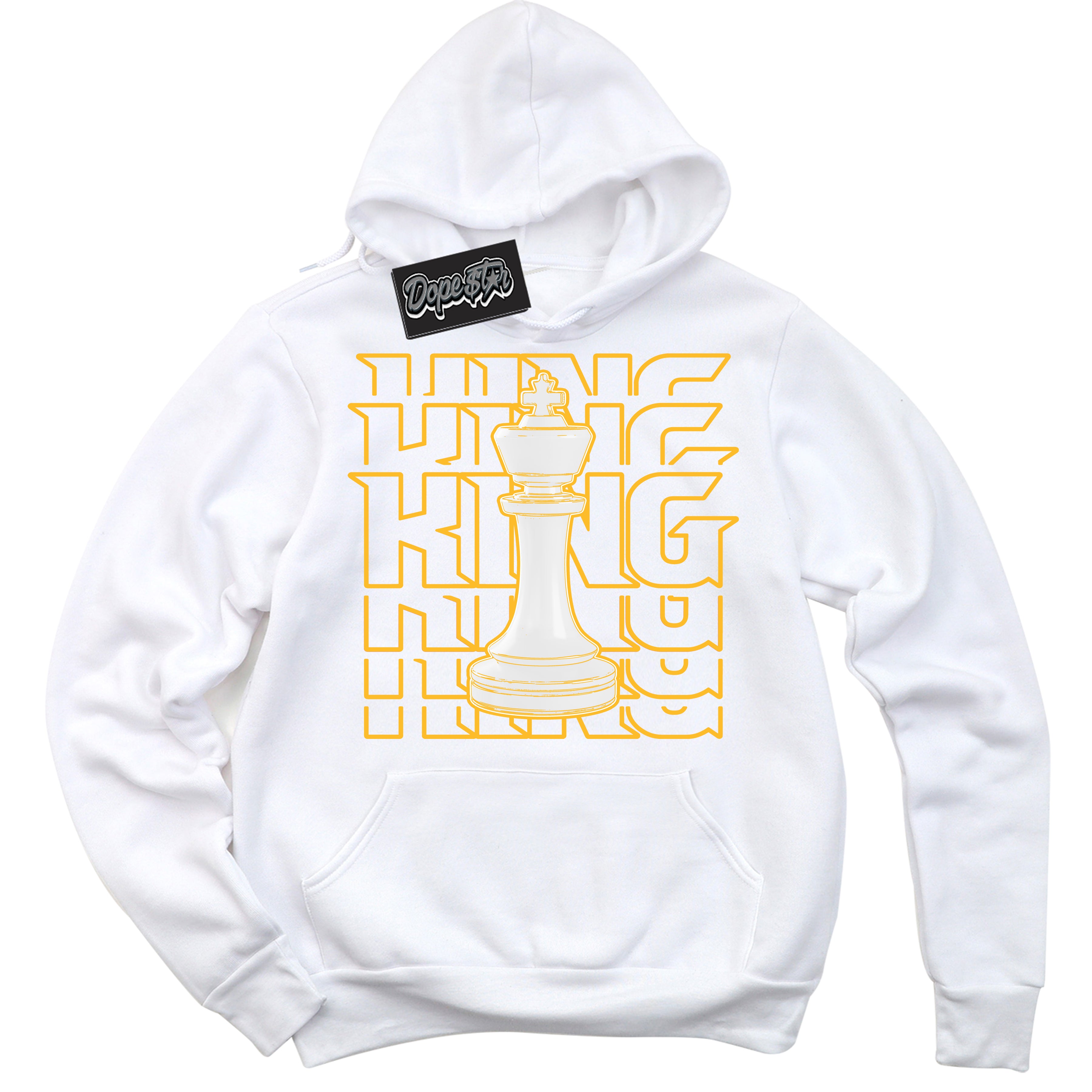 Cool White Hoodie with “ King Chess '' design that Perfectly Matches  White University Gold Sneakers.