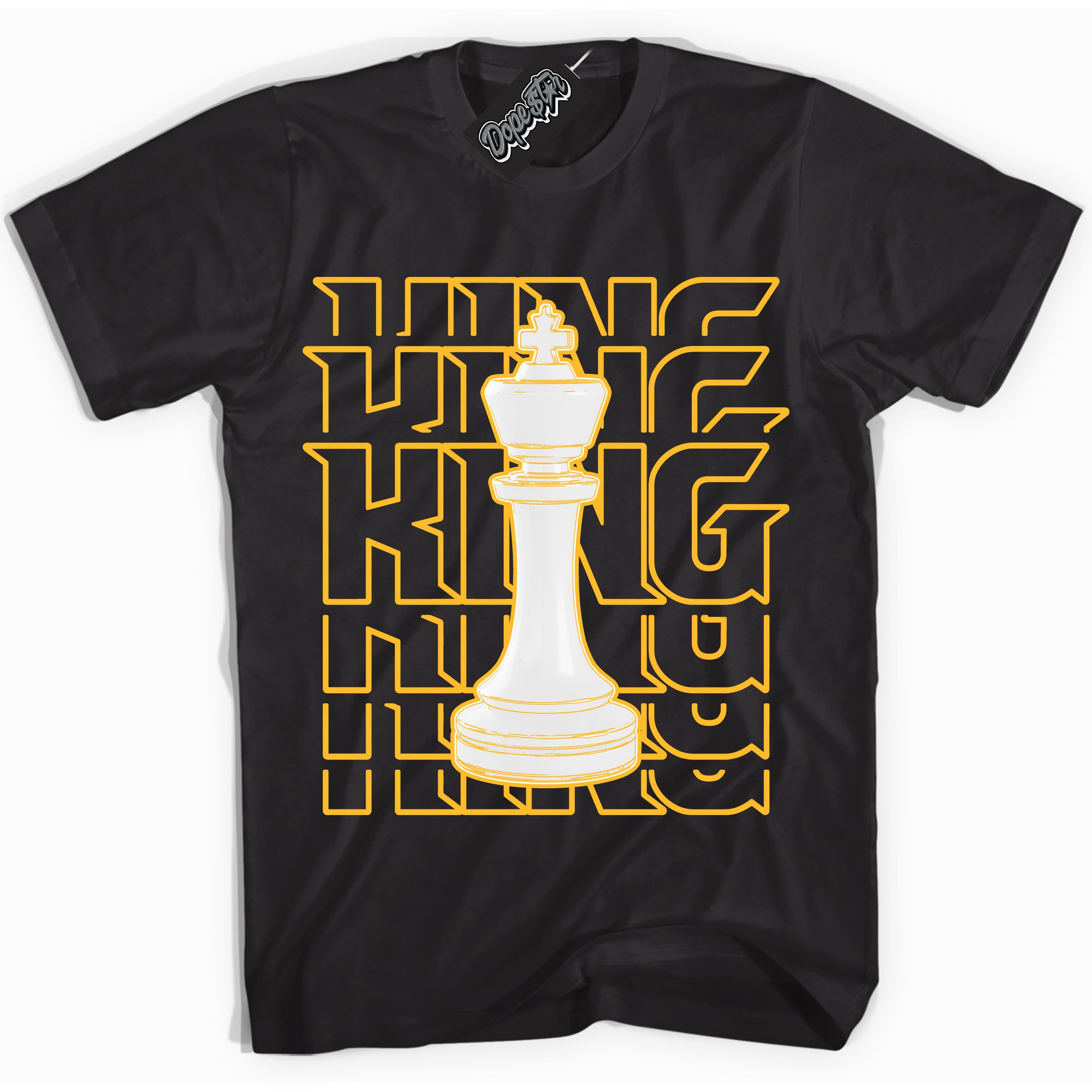 Cool Black Shirt with “ King Chess ” design that perfectly matches White University Gold Sneakers.