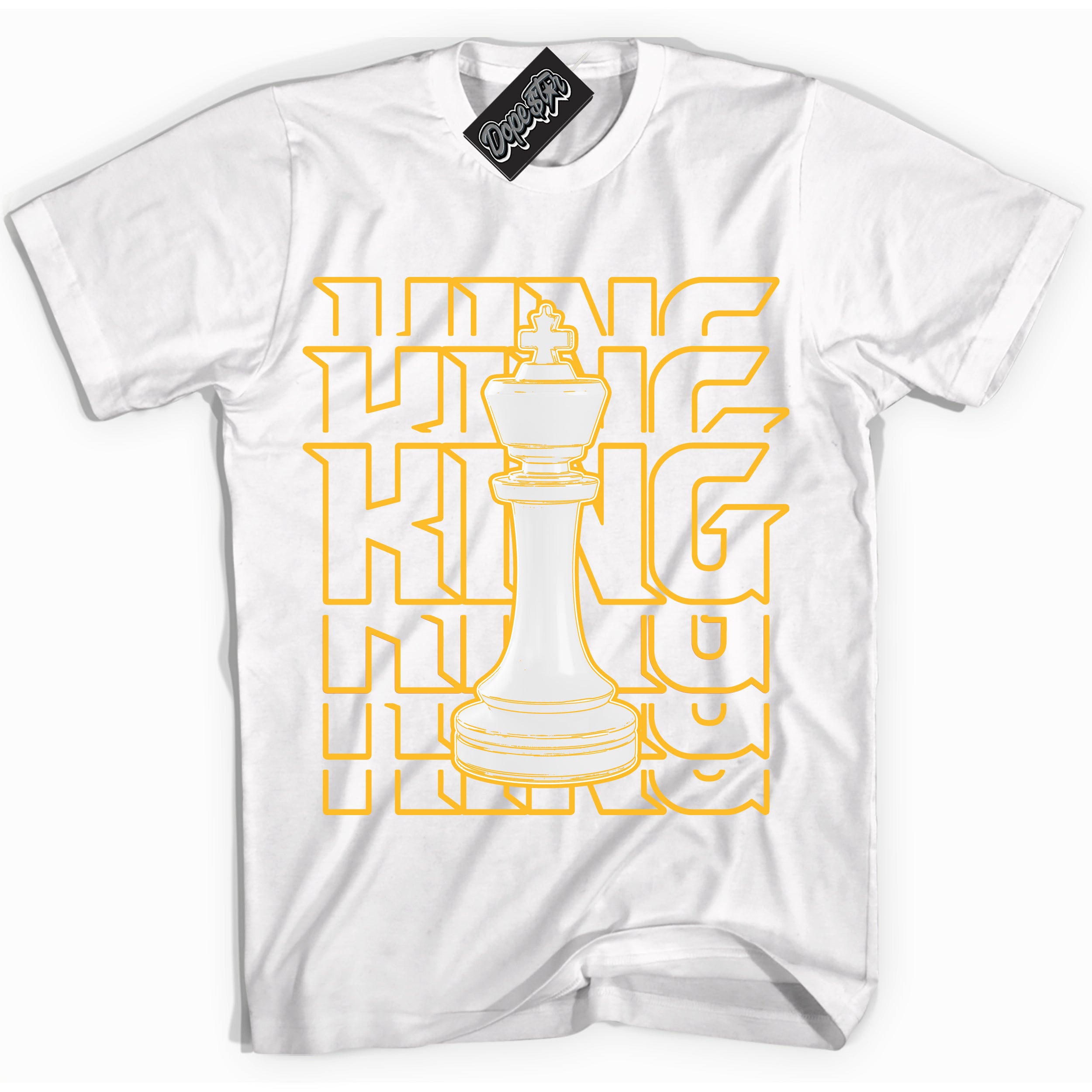 Cool White Shirt with “ King Chess ” design that perfectly matches White University Gold Sneakers.