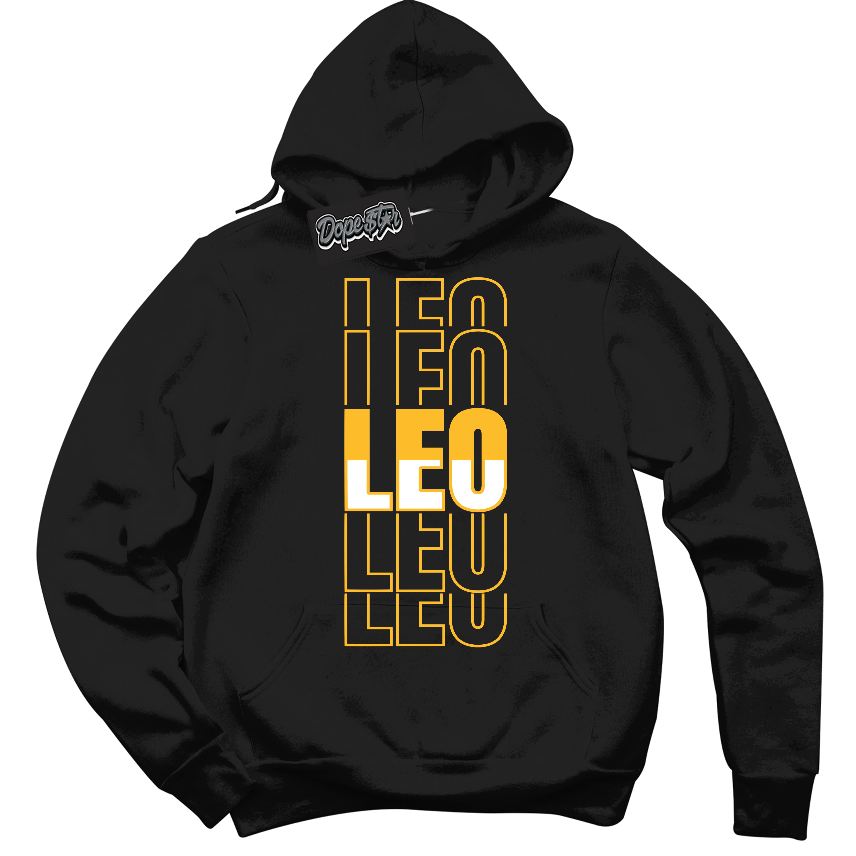 Cool Black Hoodie with “ Leo '' design that Perfectly Matches  White University Gold Sneakers.