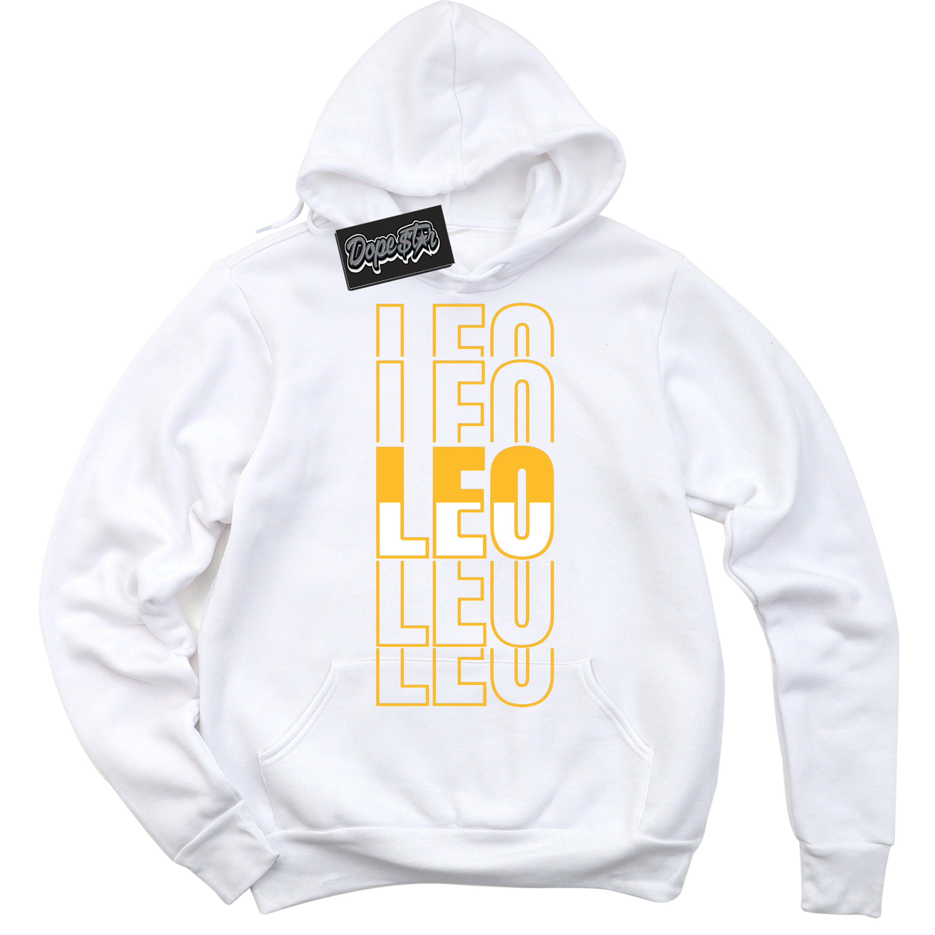 Cool White Hoodie with “ Leo '' design that Perfectly Matches  White University Gold Sneakers.