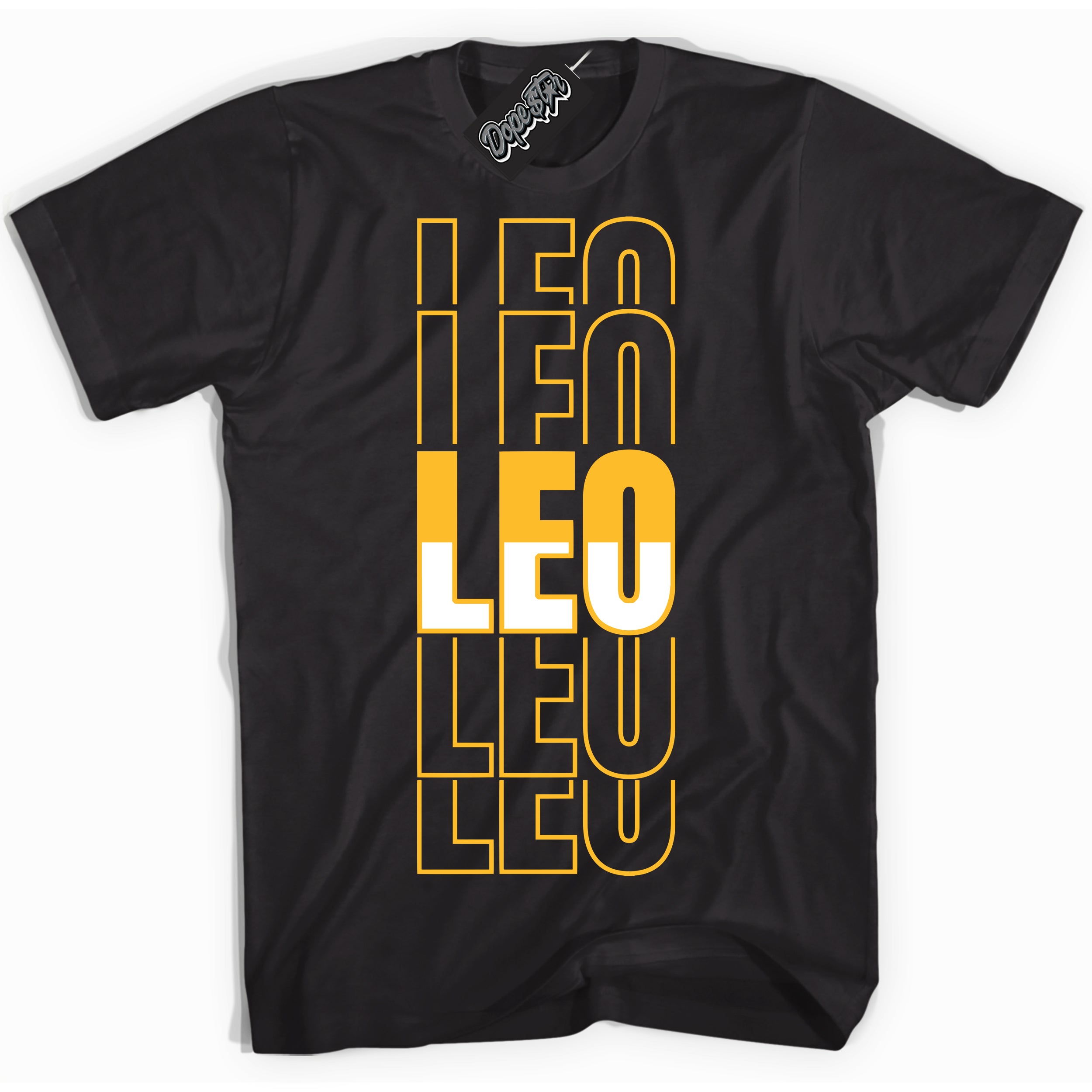 Cool Black Shirt with “ Leo ” design that perfectly matches White University Gold Sneakers.