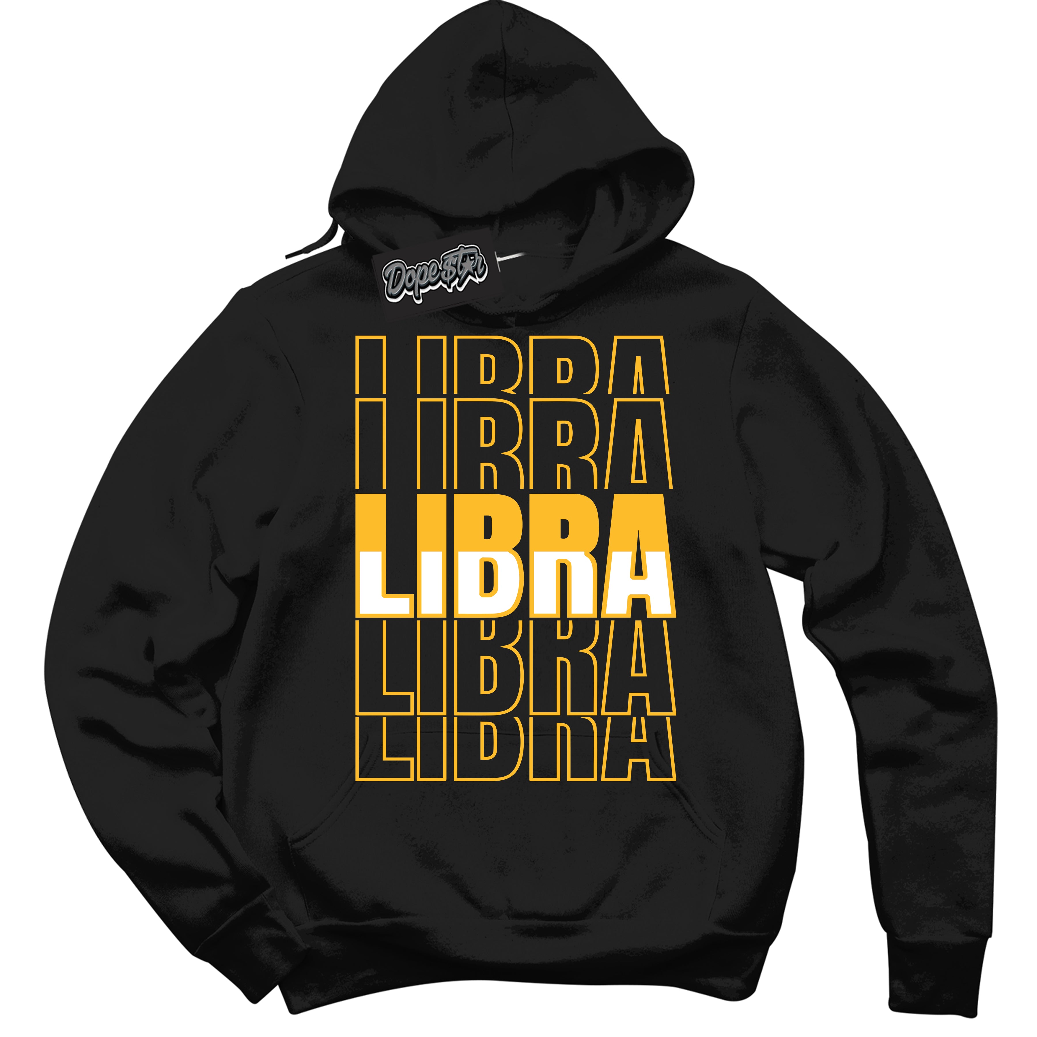 Cool Black Hoodie with “ Libra '' design that Perfectly Matches  White University Gold Sneakers.