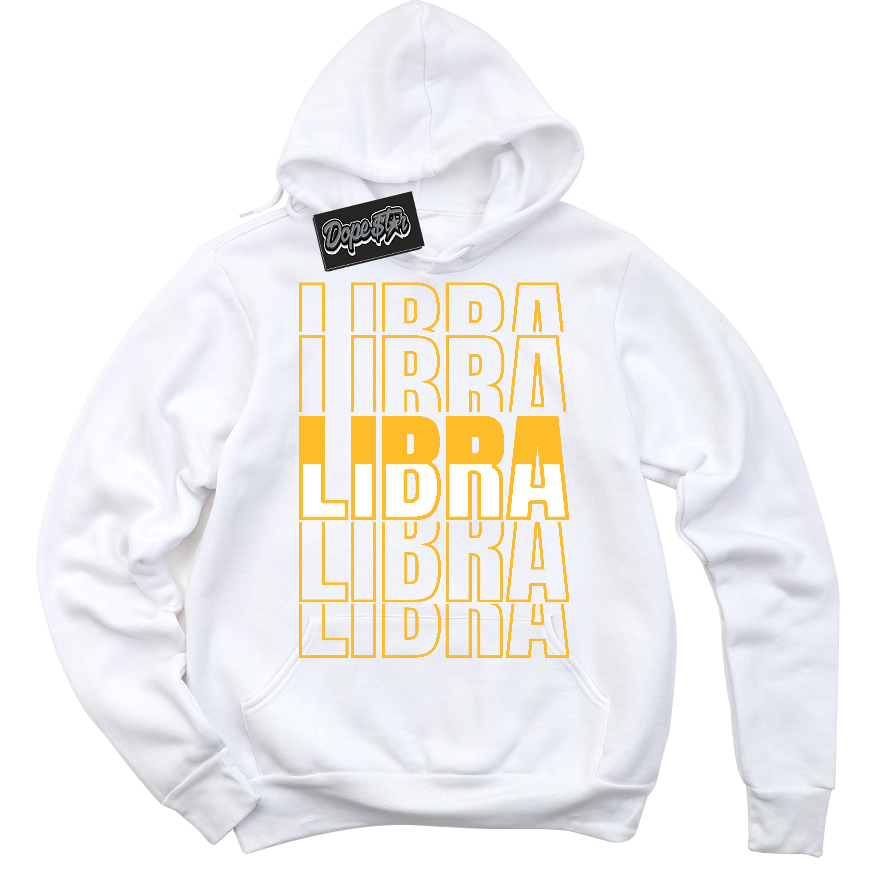 Cool White Hoodie with “ Libra '' design that Perfectly Matches  White University Gold Sneakers.