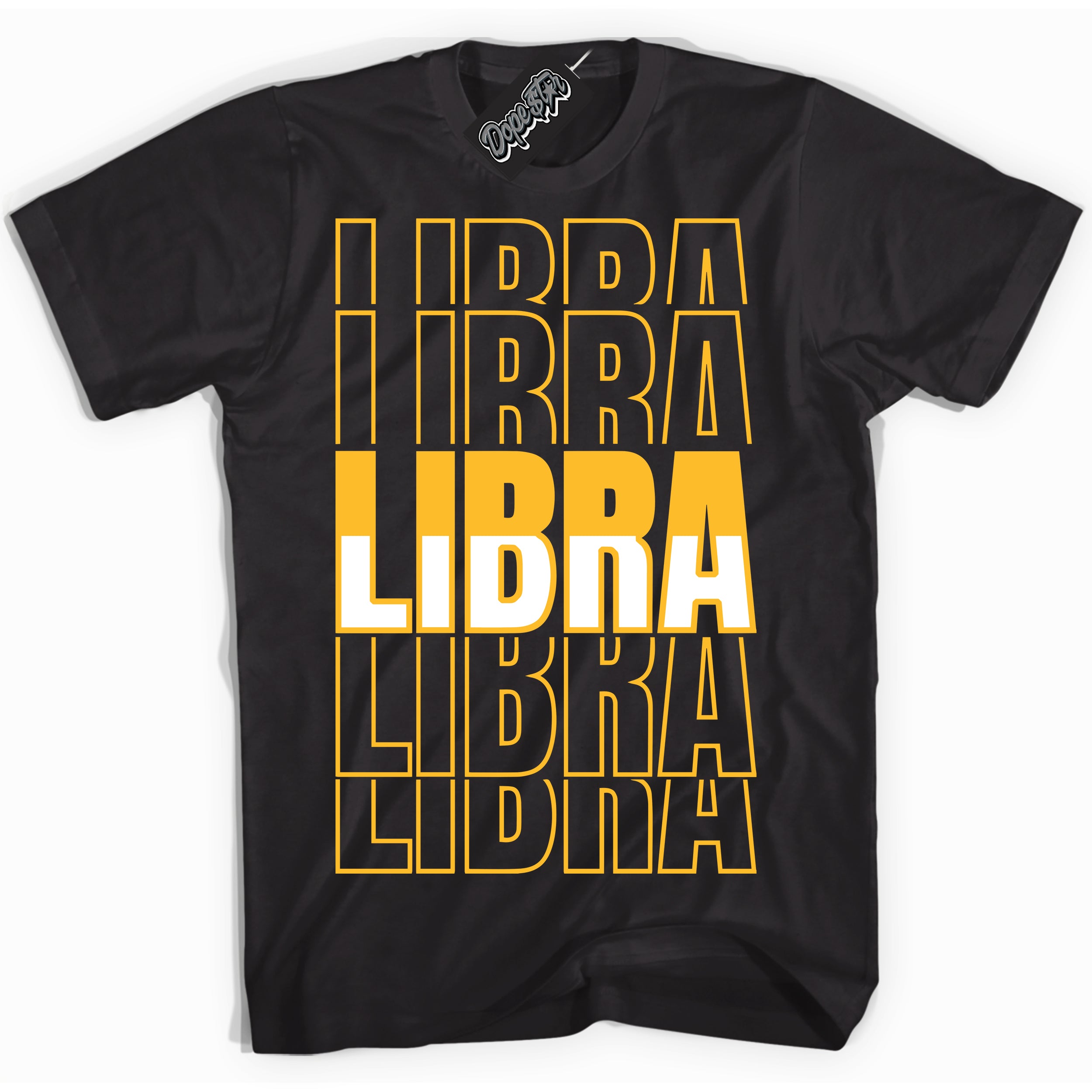 Cool Black Shirt with “ Libra ” design that perfectly matches White University Gold Sneakers.