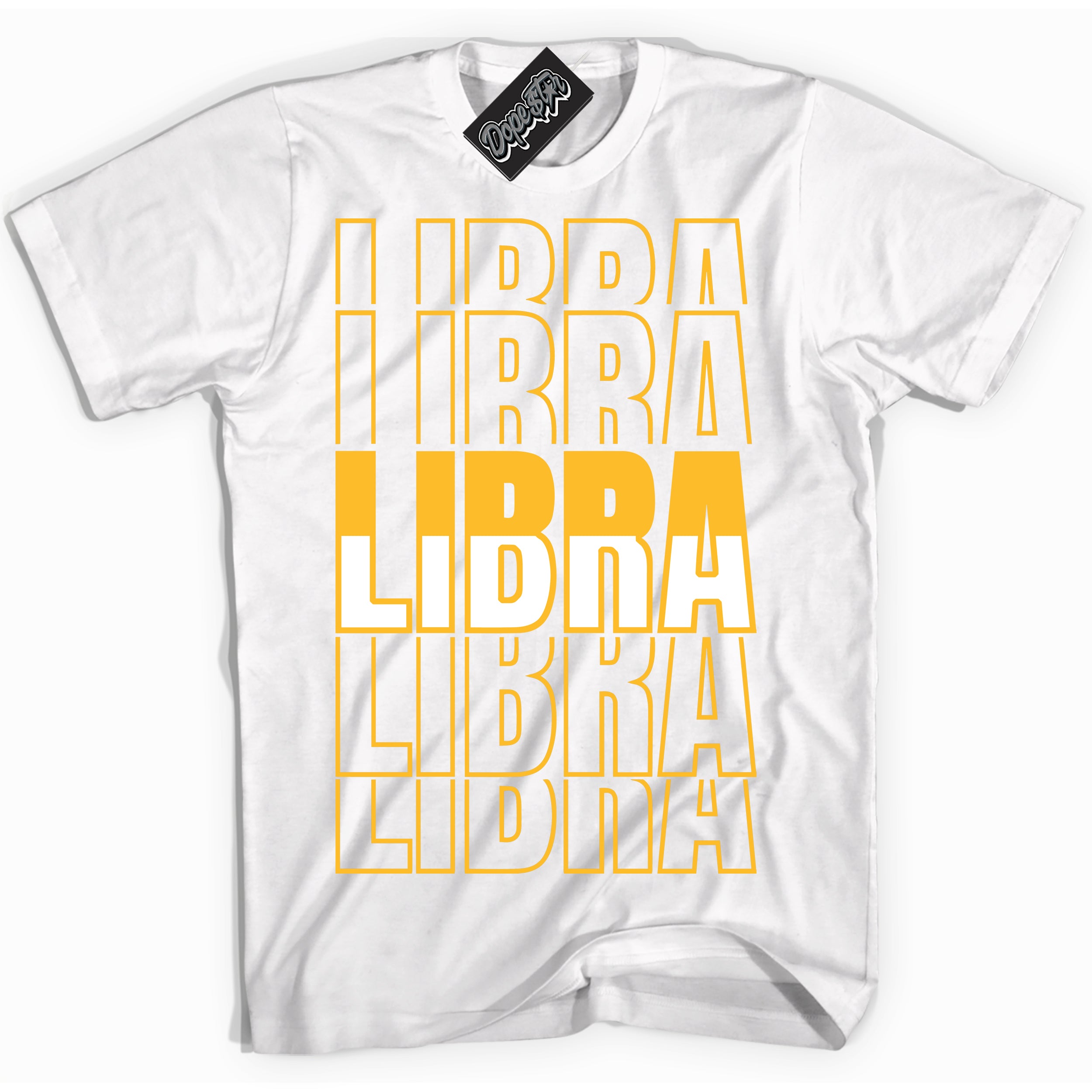 Cool White Shirt with “ Libra ” design that perfectly matches White University Gold Sneakers.