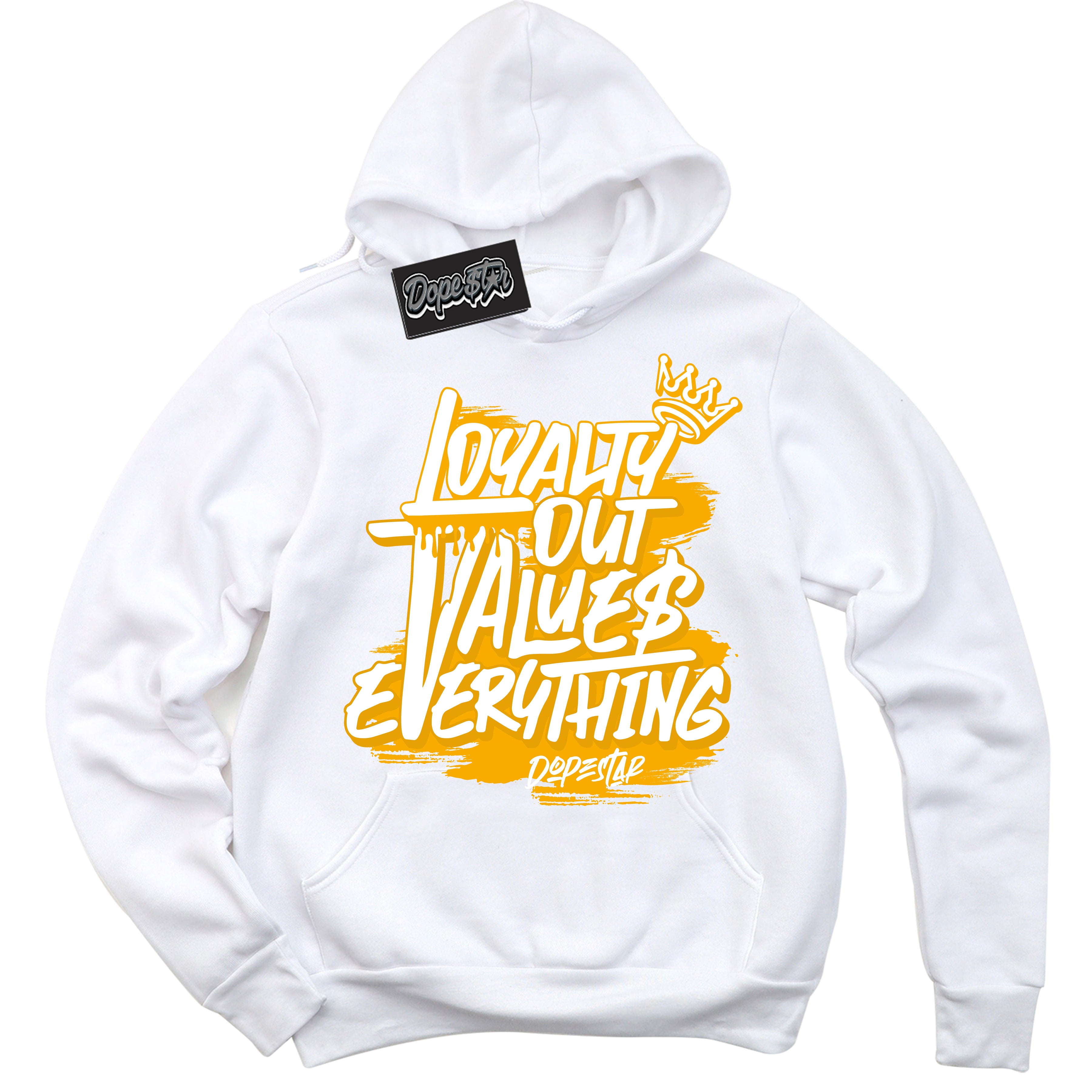 Cool White Hoodie with “ Loyalty Out Values Everything '' design that Perfectly Matches  White University Gold Sneakers.