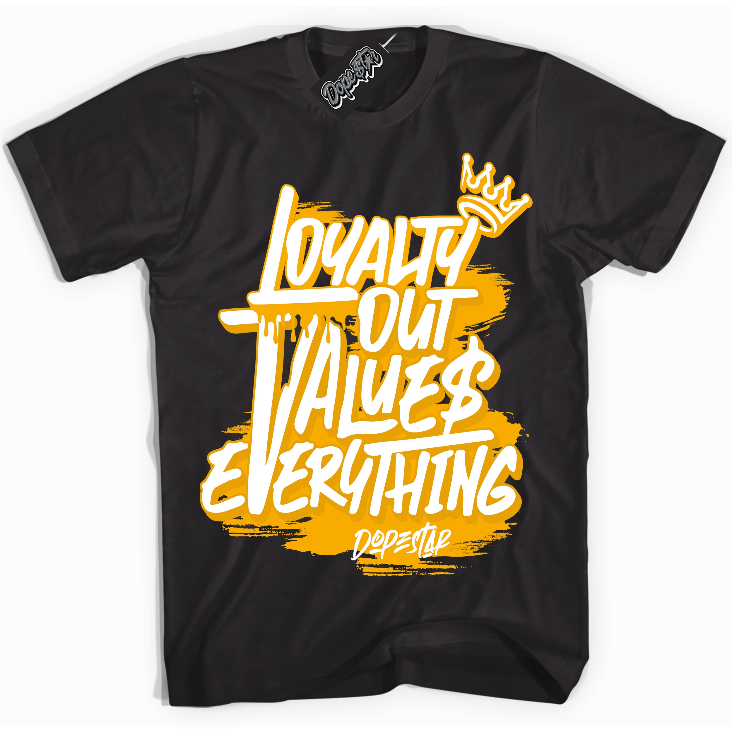 Cool Black Shirt with “ Loyalty Out Values Everything ” design that perfectly matches White University Gold Sneakers.