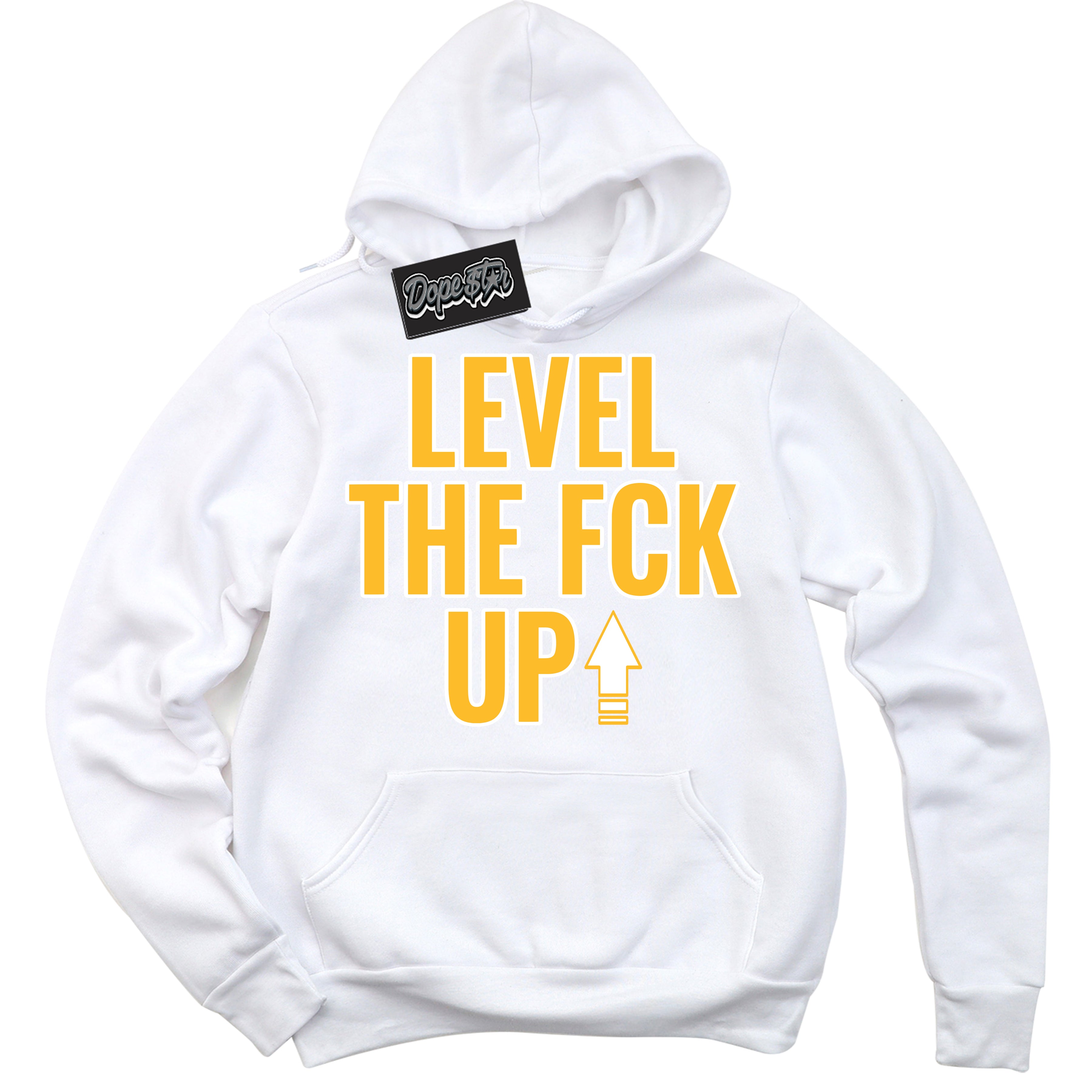 Cool White Hoodie with “ Level The Fck Up '' design that Perfectly Matches  White University Gold Sneakers.