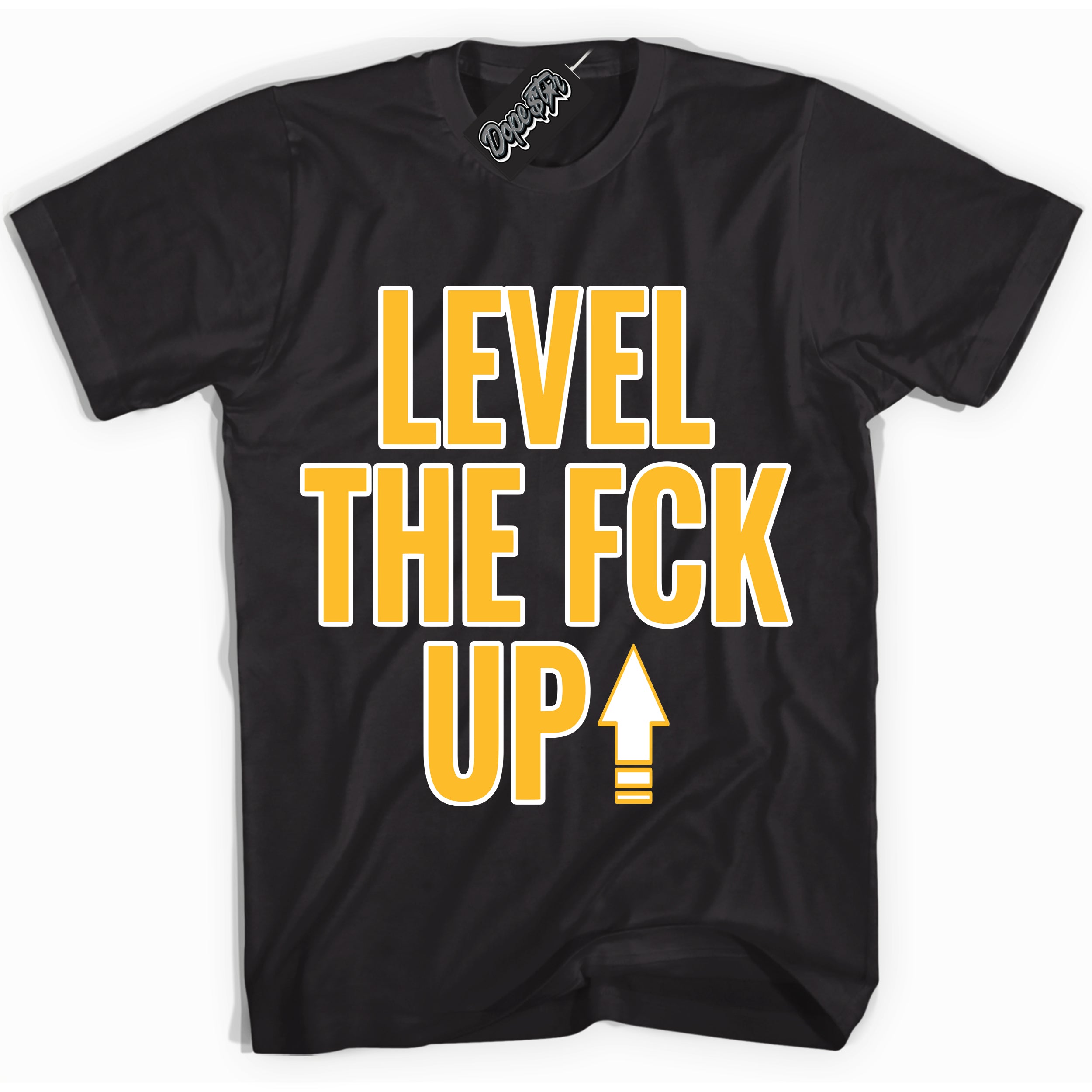 Cool Black Shirt with “ Level The Fck Up ” design that perfectly matches White University Gold Sneakers.