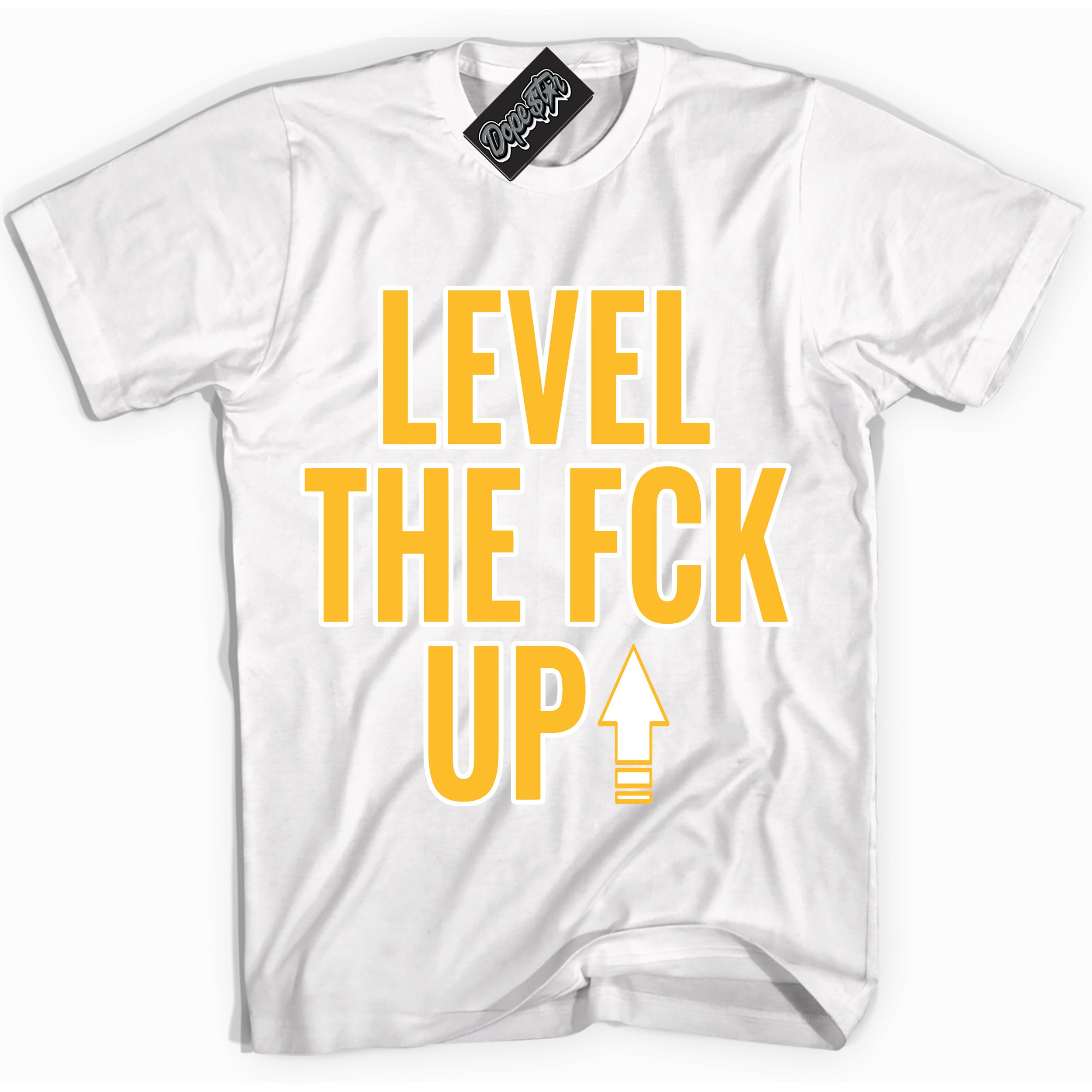 Cool White Shirt with “ Level The Fck Up ” design that perfectly matches White University Gold Sneakers.