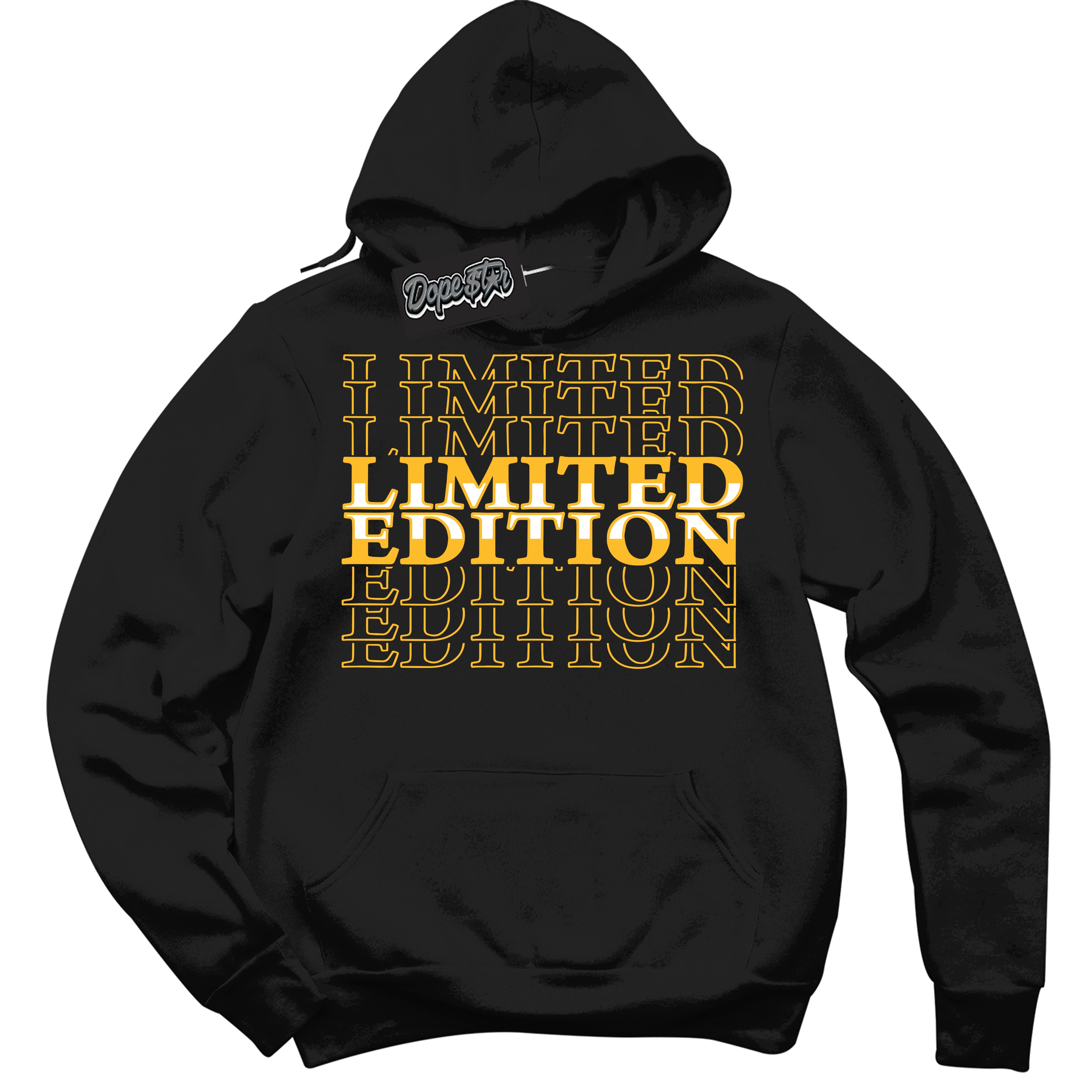 Cool Black Hoodie with “ Limited Edition '' design that Perfectly Matches  White University Gold Sneakers.