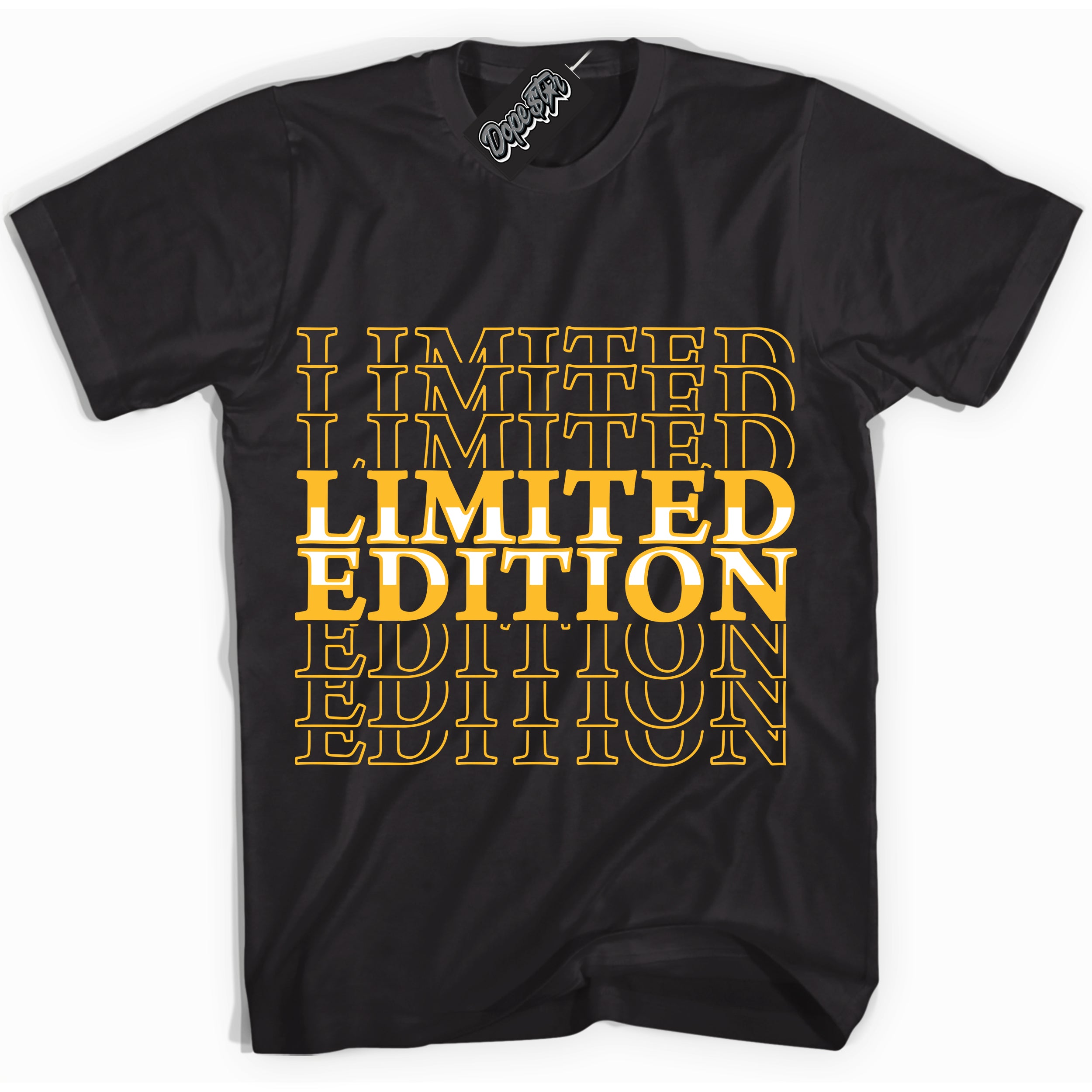 Cool Black Shirt with “ Limited Edition ” design that perfectly matches White University Gold Sneakers.