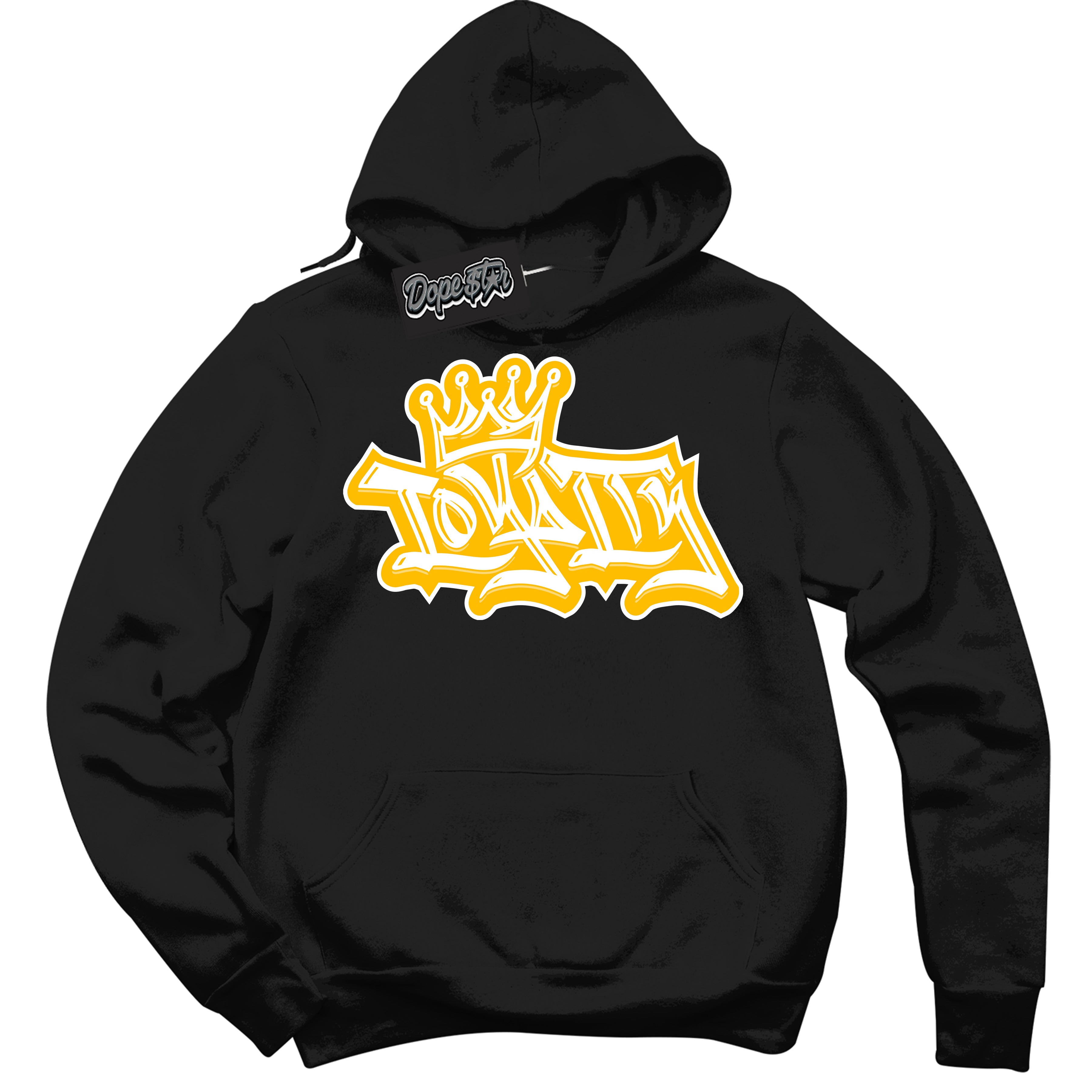 Cool Black Hoodie with “ Loyalty Crown '' design that Perfectly Matches  White University Gold Sneakers.