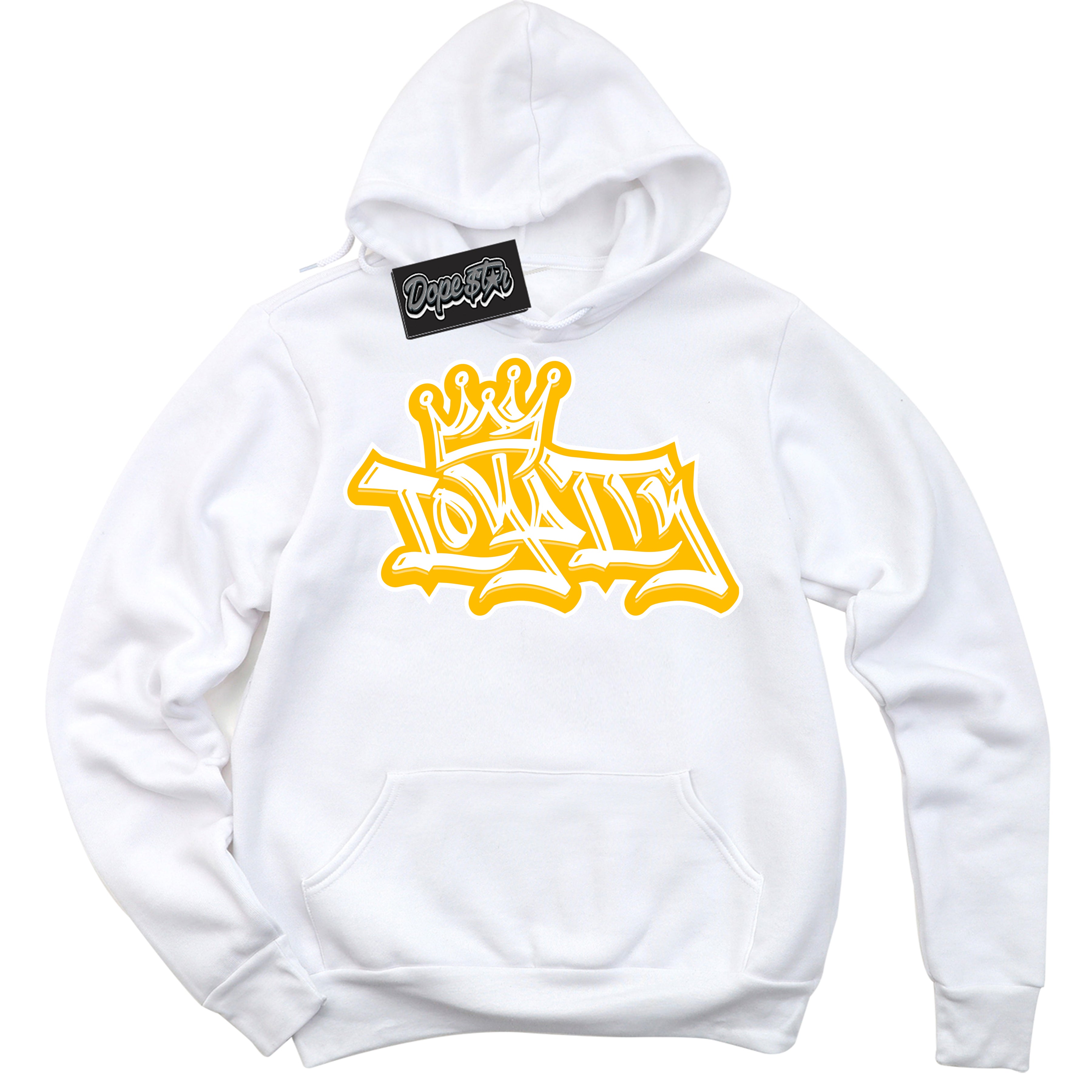 Cool White Hoodie with “ Loyalty Crown '' design that Perfectly Matches  White University Gold Sneakers.