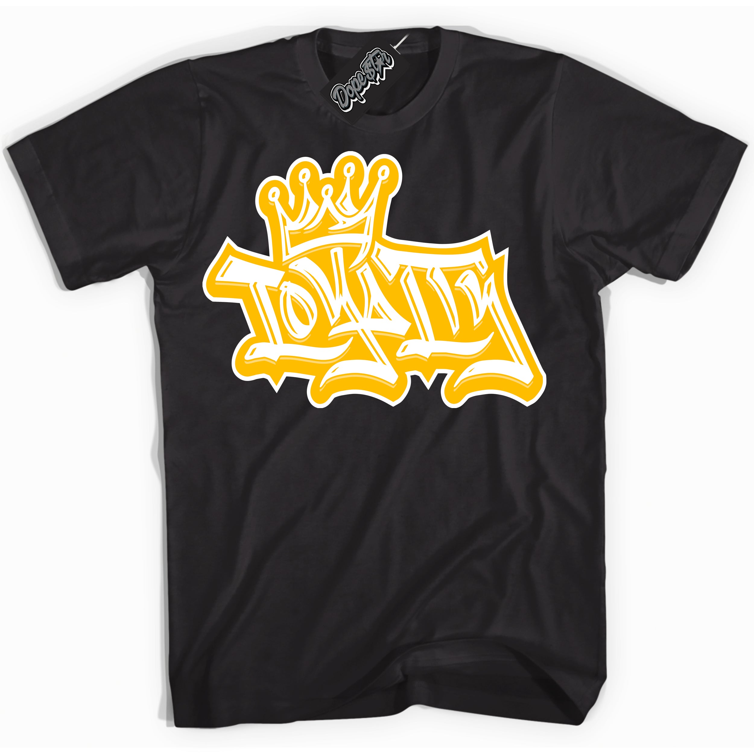 Cool Black Shirt with “ Loyalty Crown ” design that perfectly matches White University Gold Sneakers.