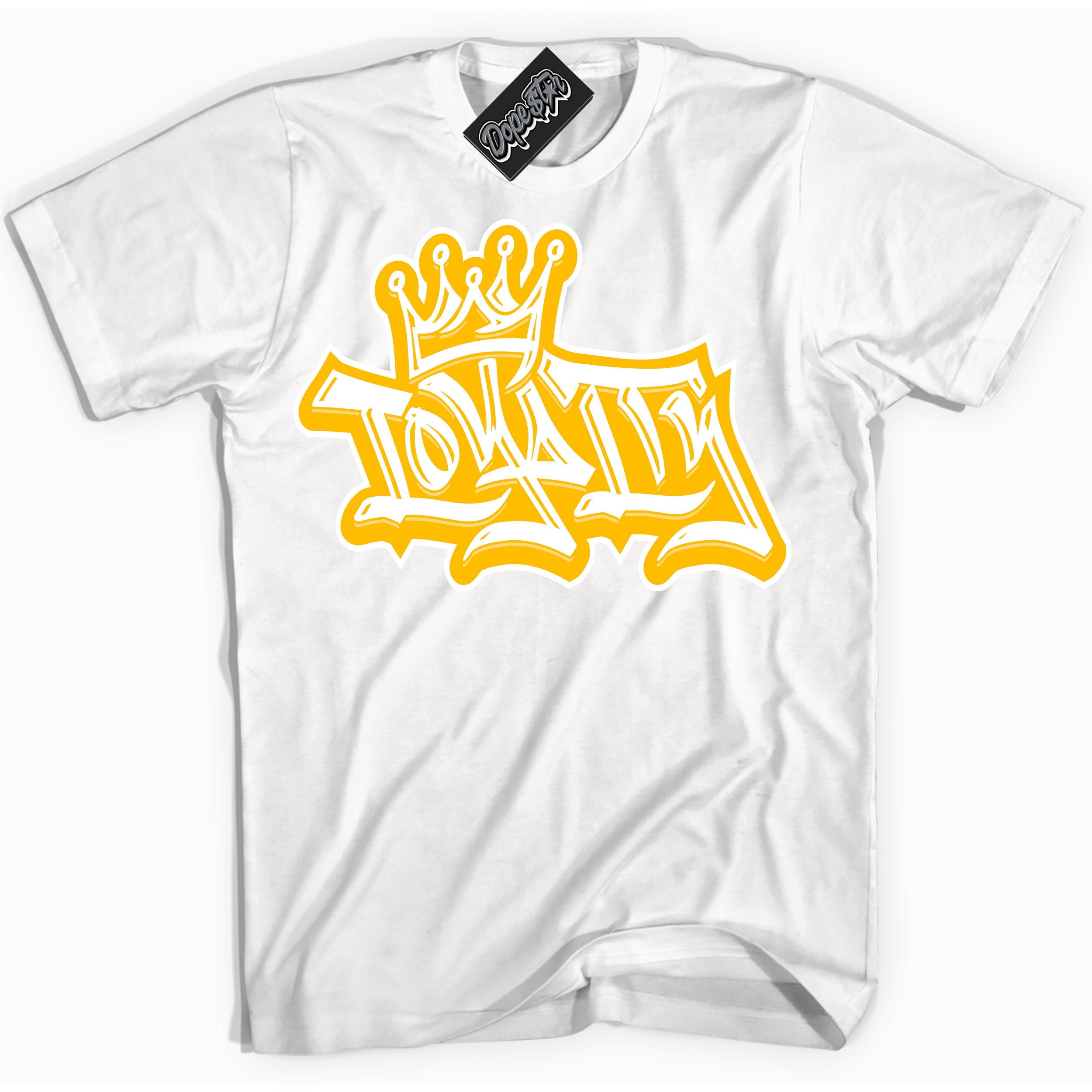 Cool White Shirt with “ Loyalty Crown ” design that perfectly matches White University Gold Sneakers.