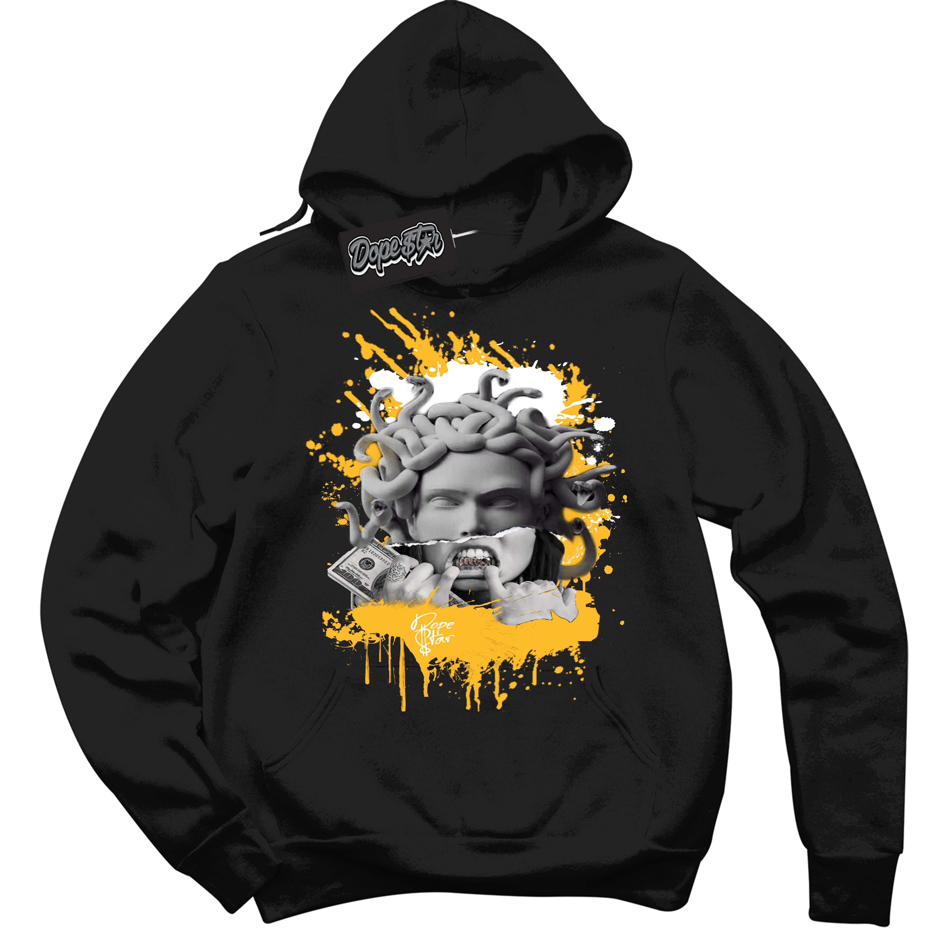 Cool Black Hoodie with “ Medusa '' design that Perfectly Matches  White University Gold Sneakers.