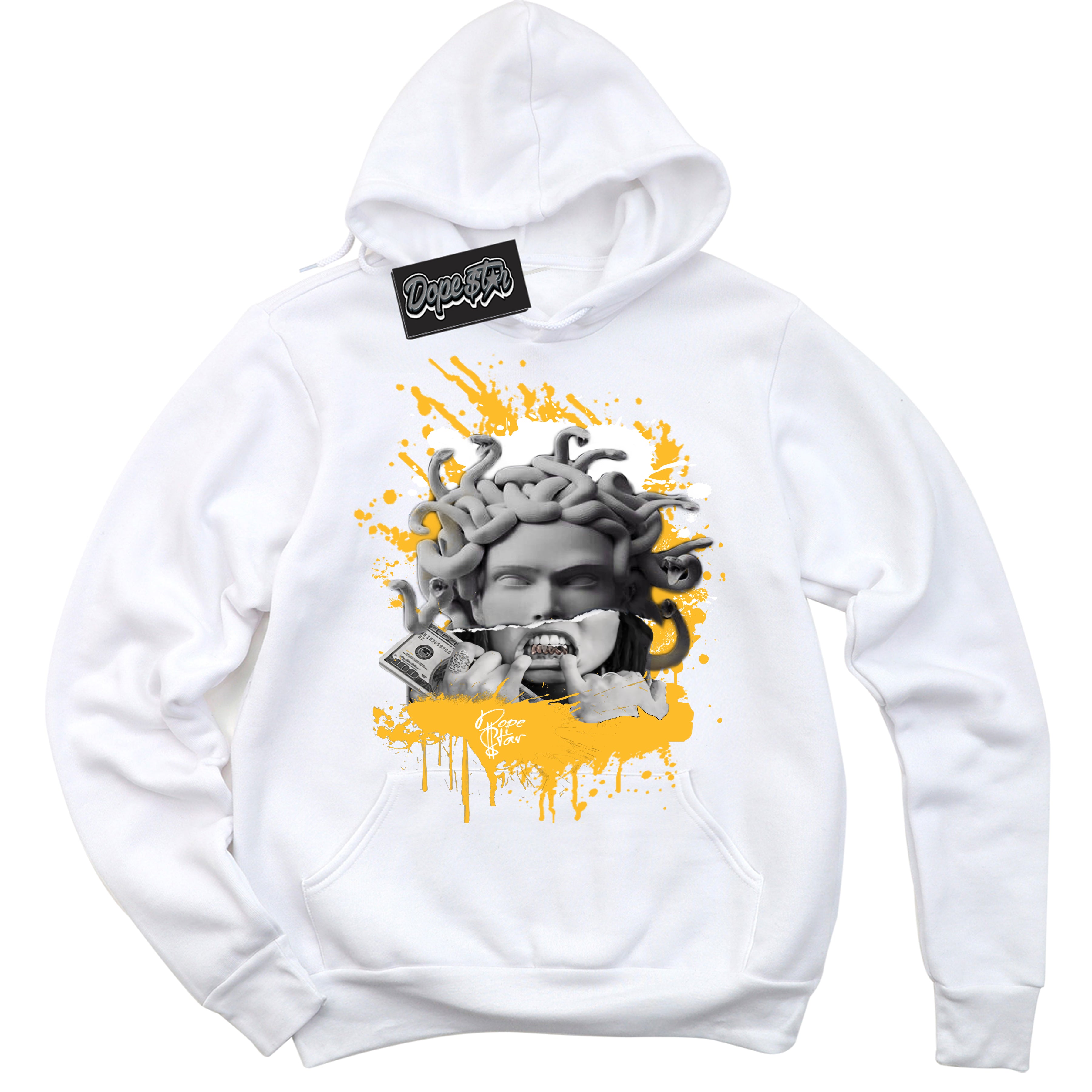 Cool White Hoodie with “ Medusa '' design that Perfectly Matches  White University Gold Sneakers.