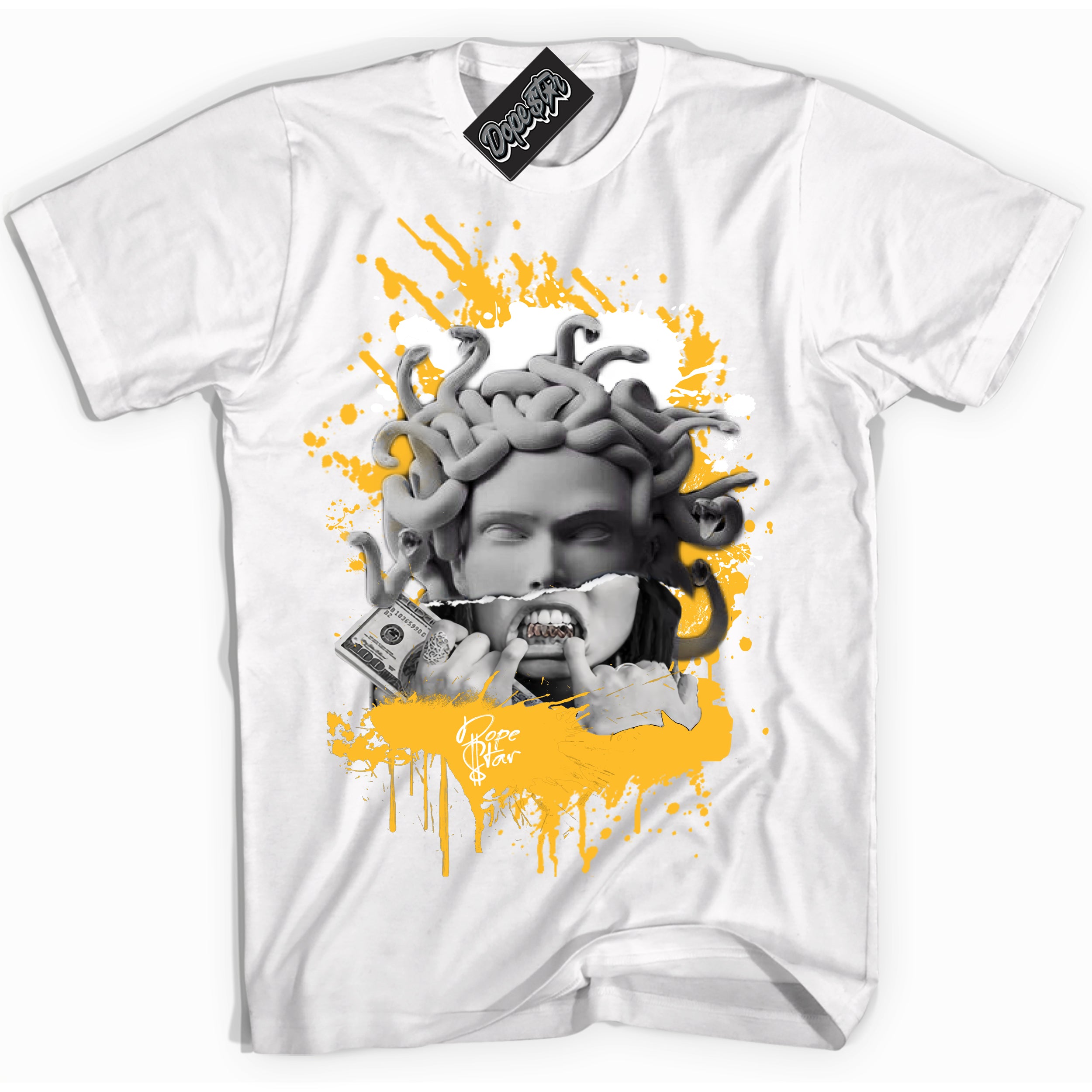 Cool White Shirt with “ Medusa ” design that perfectly matches White University Gold Sneakers.