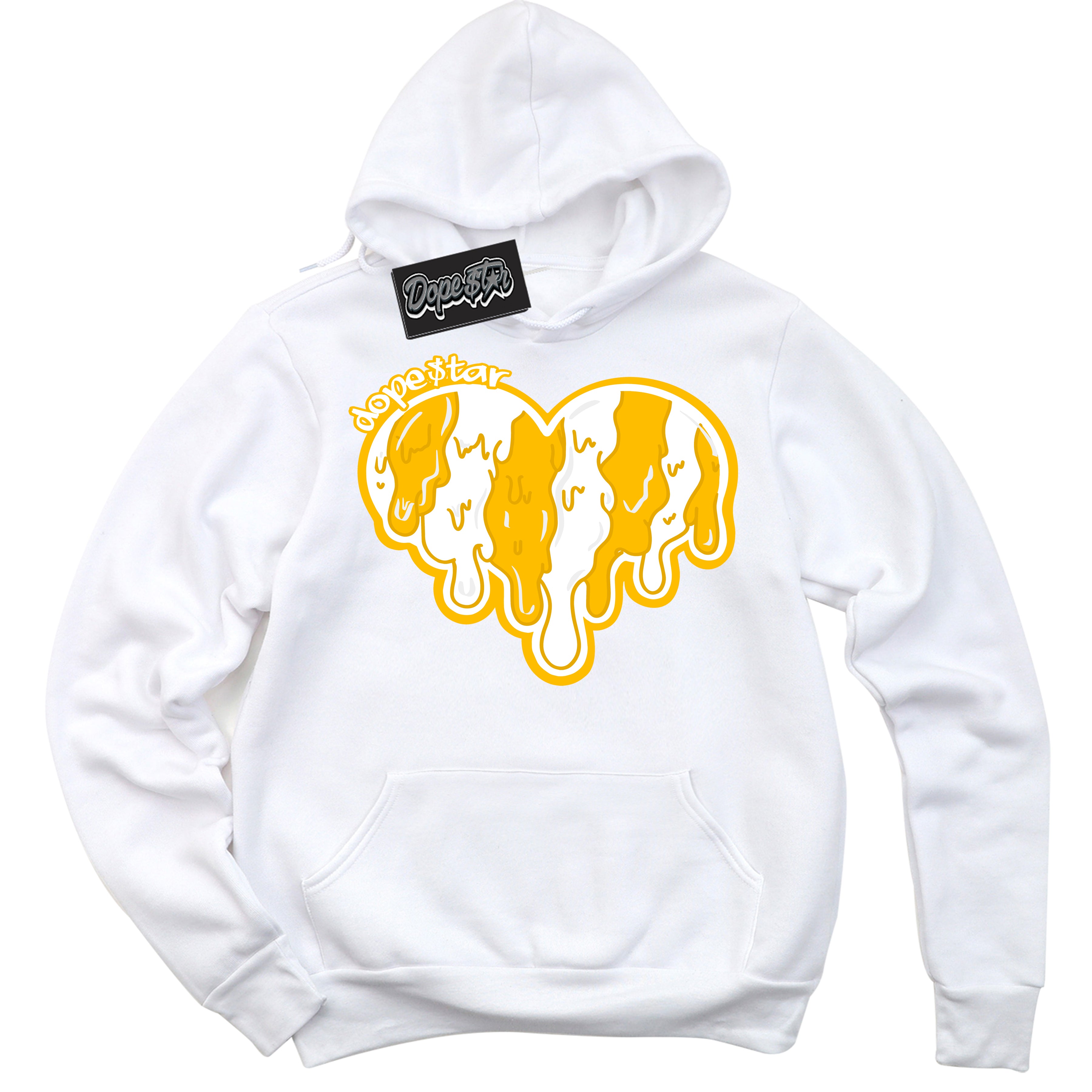 Cool White Hoodie with “ Melting Heart '' design that Perfectly Matches  White University Gold Sneakers.