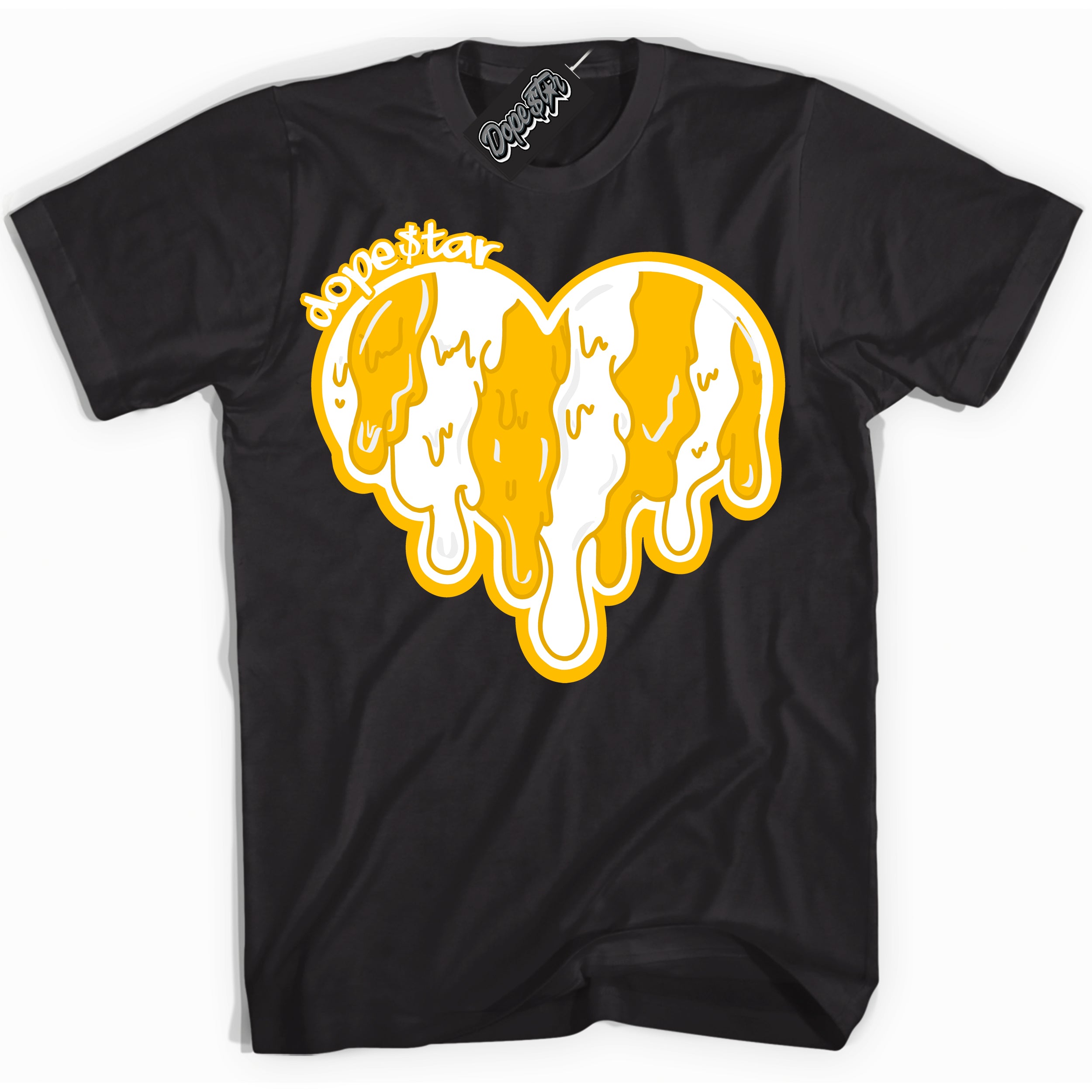 Cool Black Shirt with “ Melting Heart ” design that perfectly matches White University Gold Sneakers.