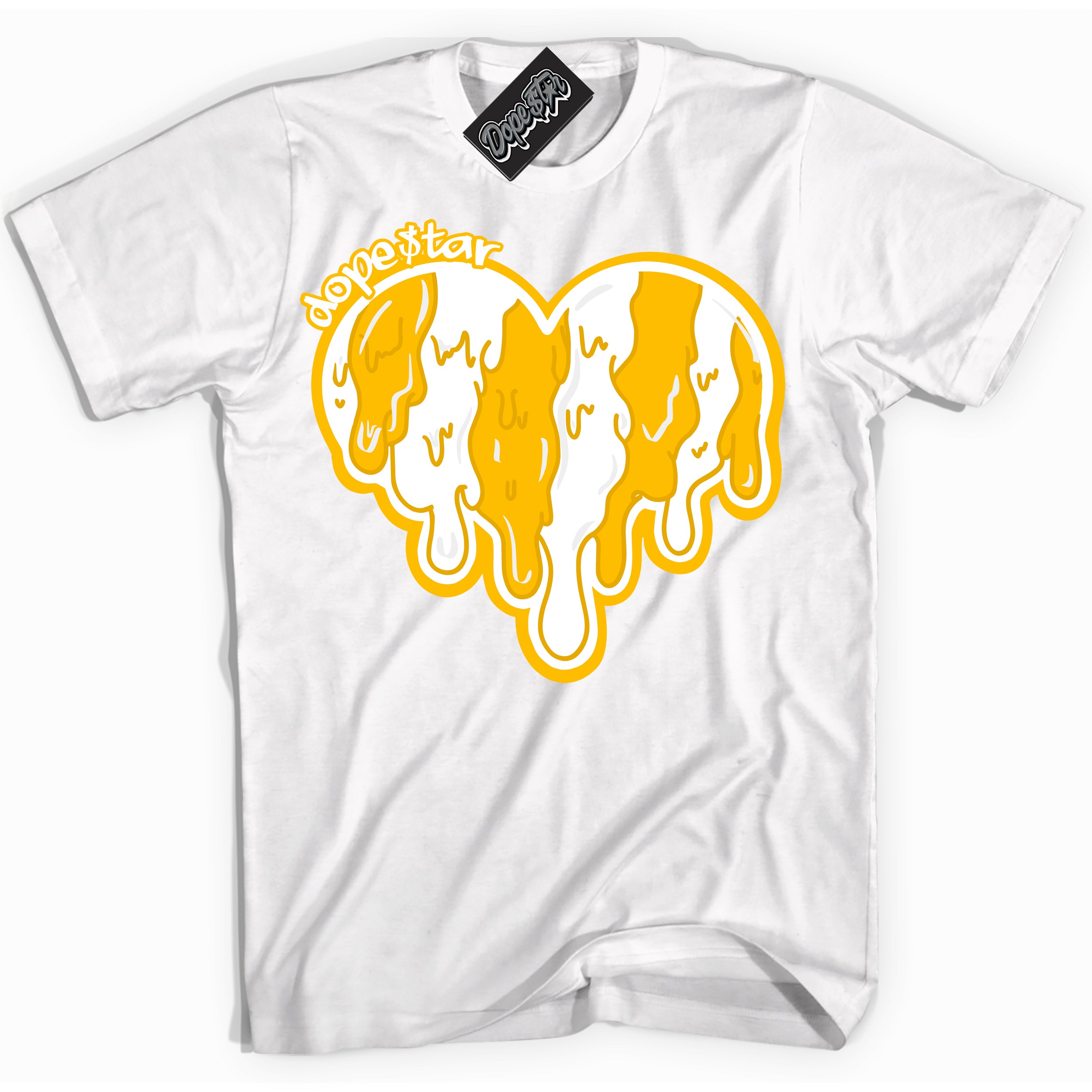 Cool White Shirt with “ Melting Heart ” design that perfectly matches White University Gold Sneakers.