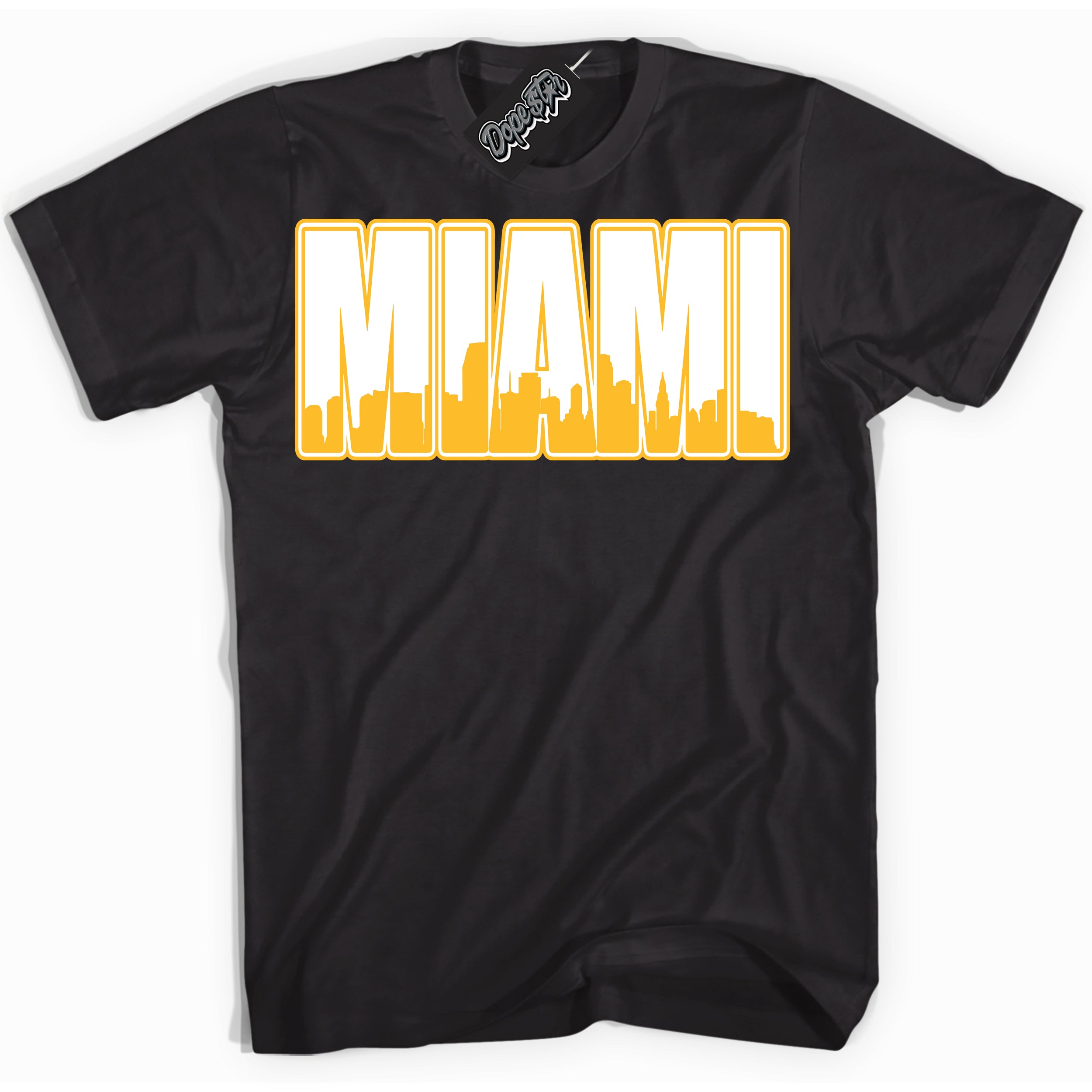 Cool Black Shirt with “ Miami ” design that perfectly matches White University Gold Sneakers.