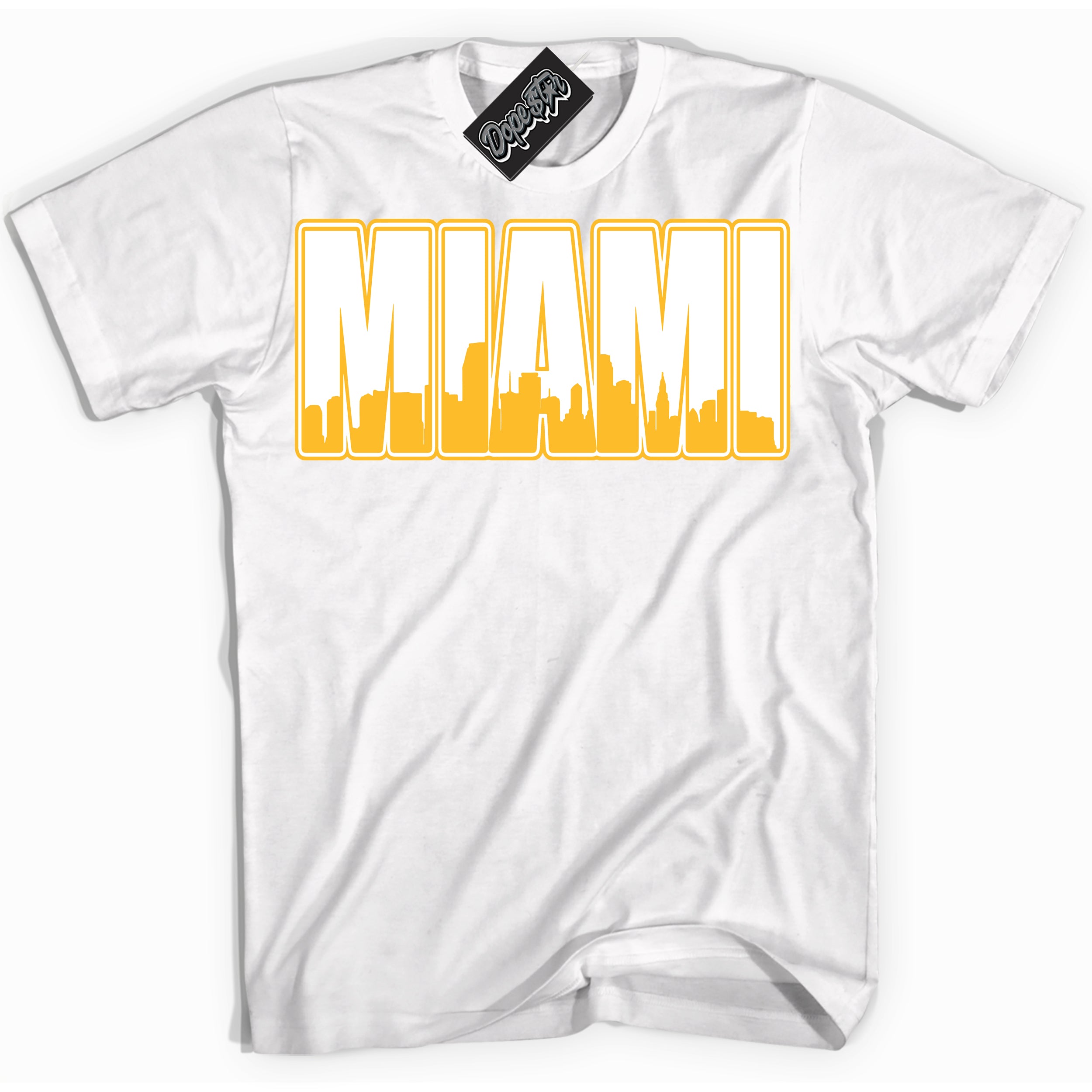 Cool White Shirt with “ Miami ” design that perfectly matches White University Gold Sneakers.