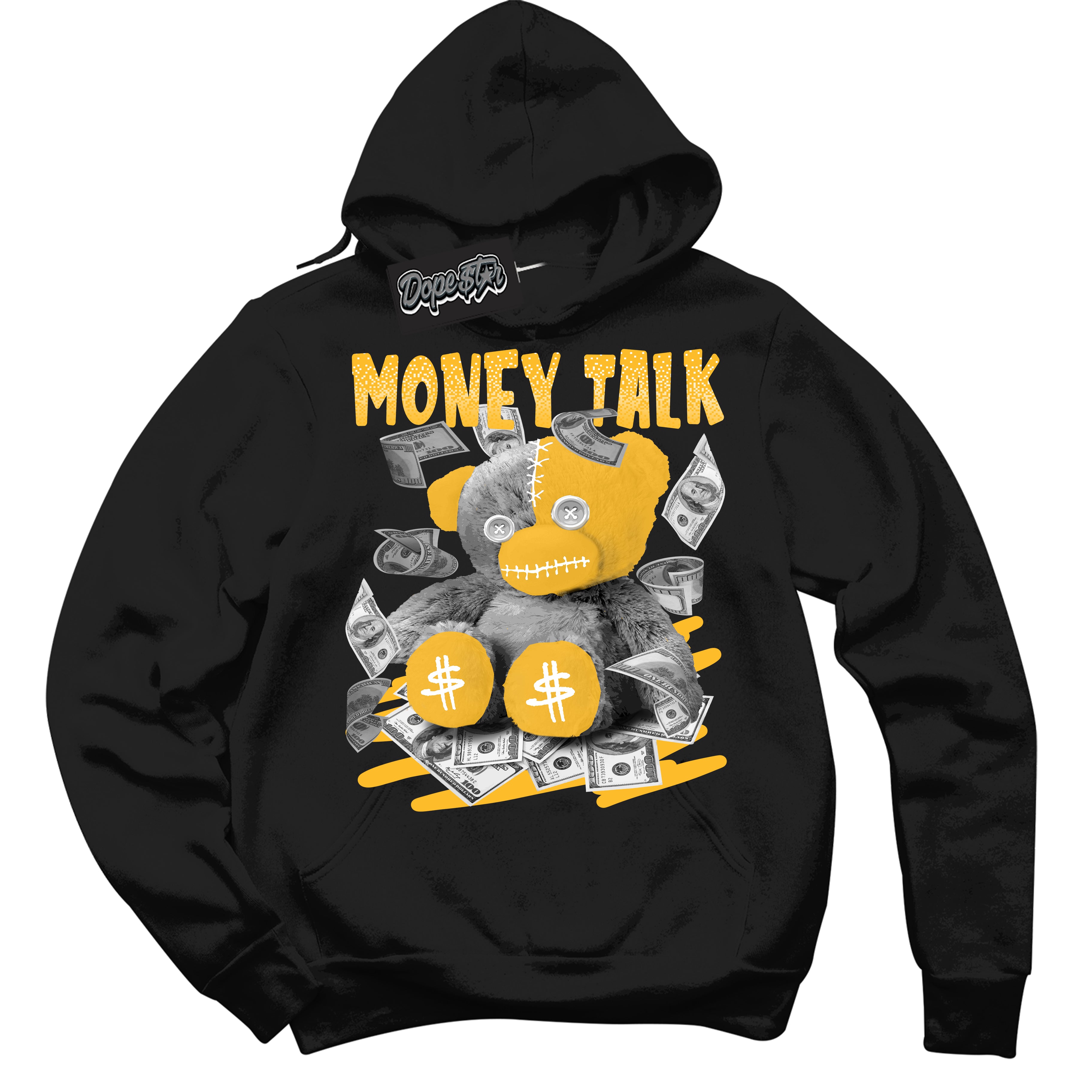 Cool Black Hoodie with “ Money Talk Bear '' design that Perfectly Matches  White University Gold Sneakers.