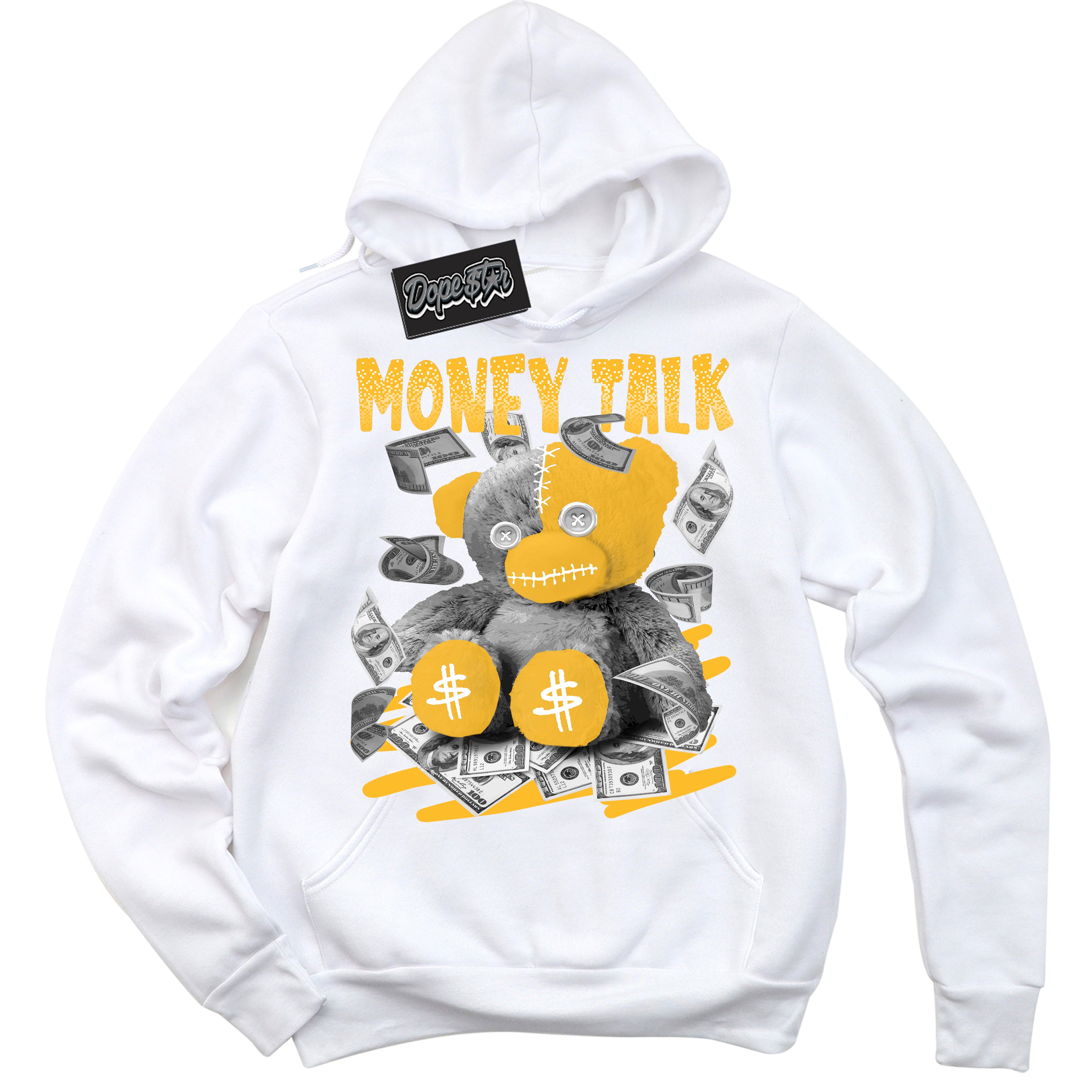 Cool White Hoodie with “ Money Talk Bear '' design that Perfectly Matches  White University Gold Sneakers.