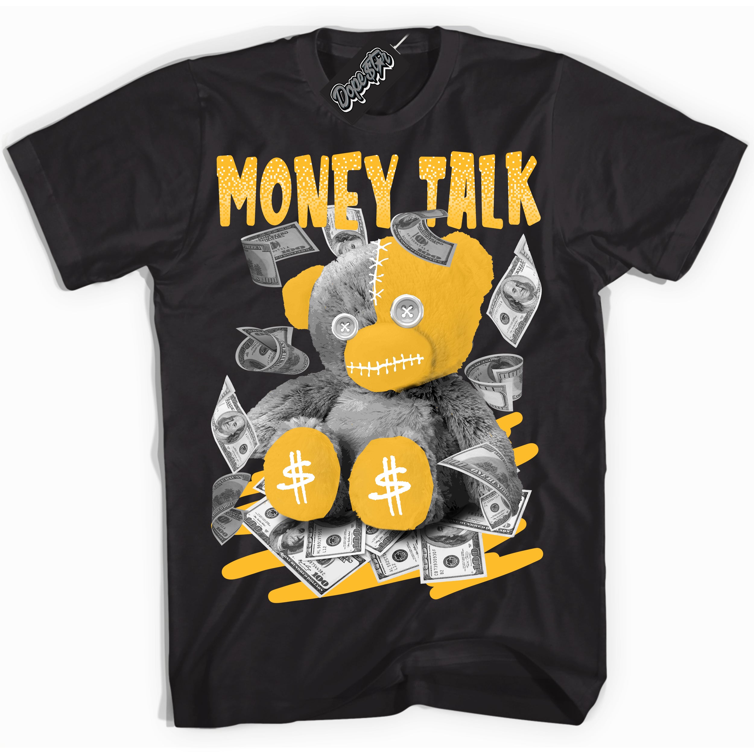 Cool Black Shirt with “ Money Talk Bear ” design that perfectly matches White University Gold Sneakers.