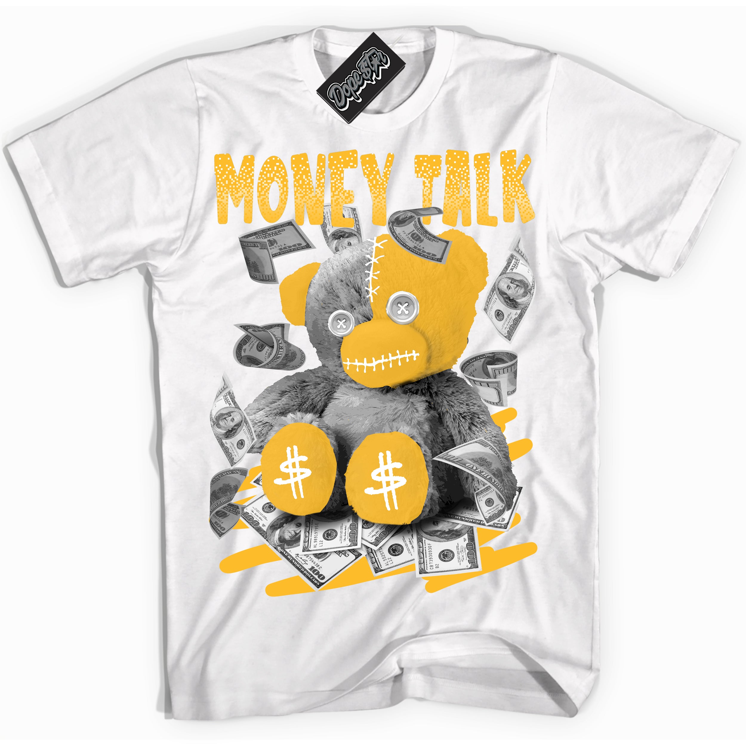 Cool White Shirt with “ Money Talk Bear ” design that perfectly matches White University Gold Sneakers.