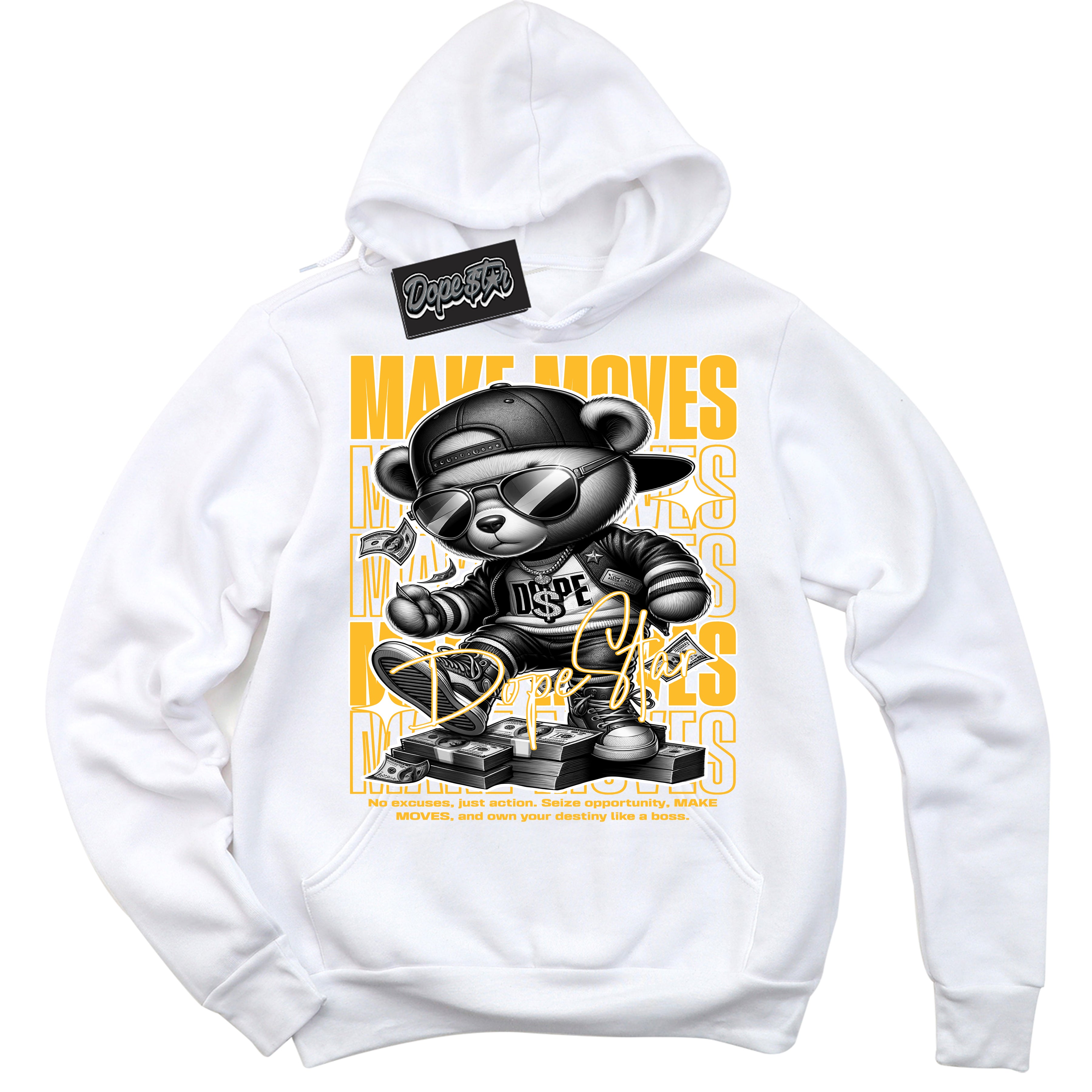 Cool White Hoodie with “ Makin Moves ”  design that Perfectly Matches White University Gold Sneakers.