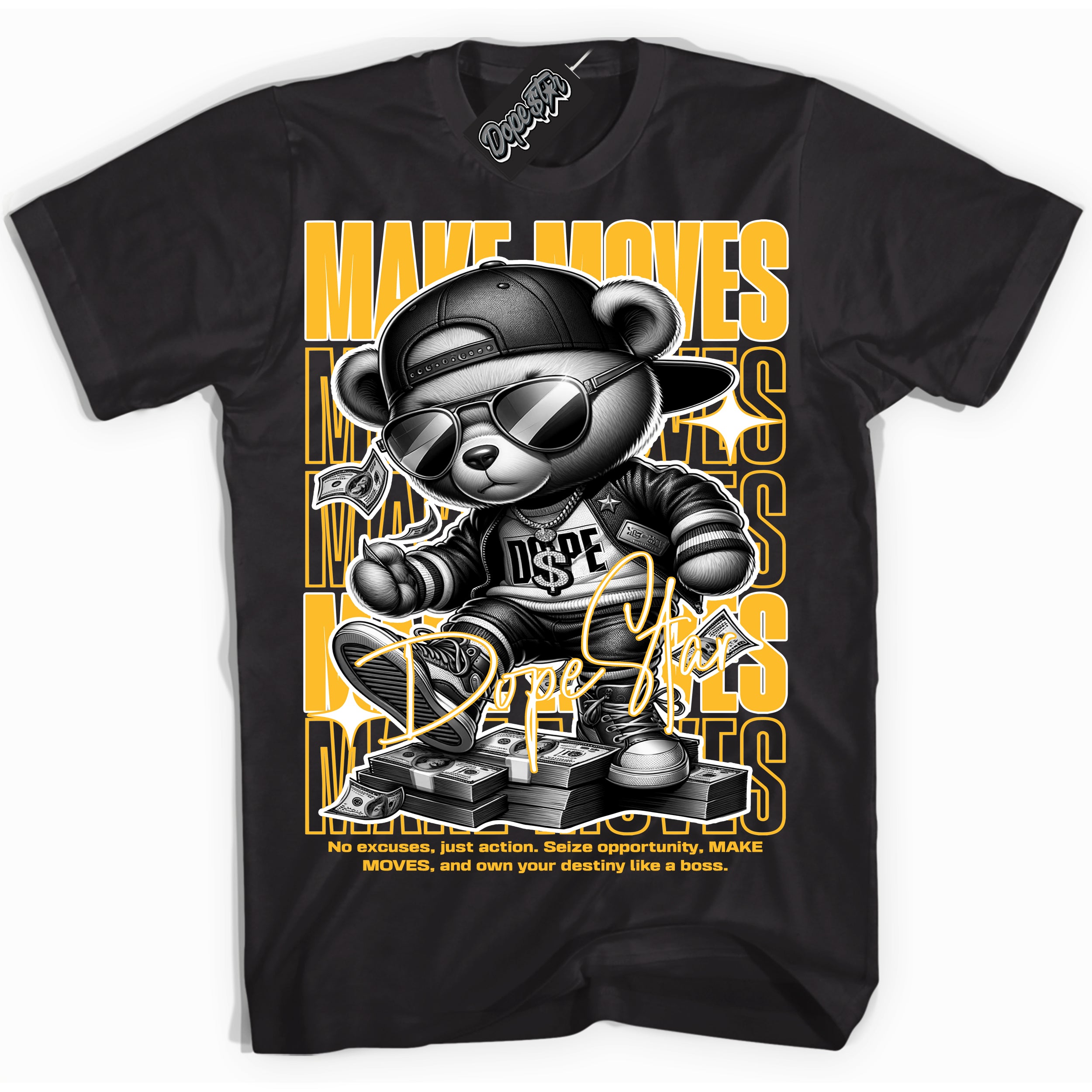 Cool Black Shirt with “ Makin Moves” design that perfectly matches White University Gold Sneakers.