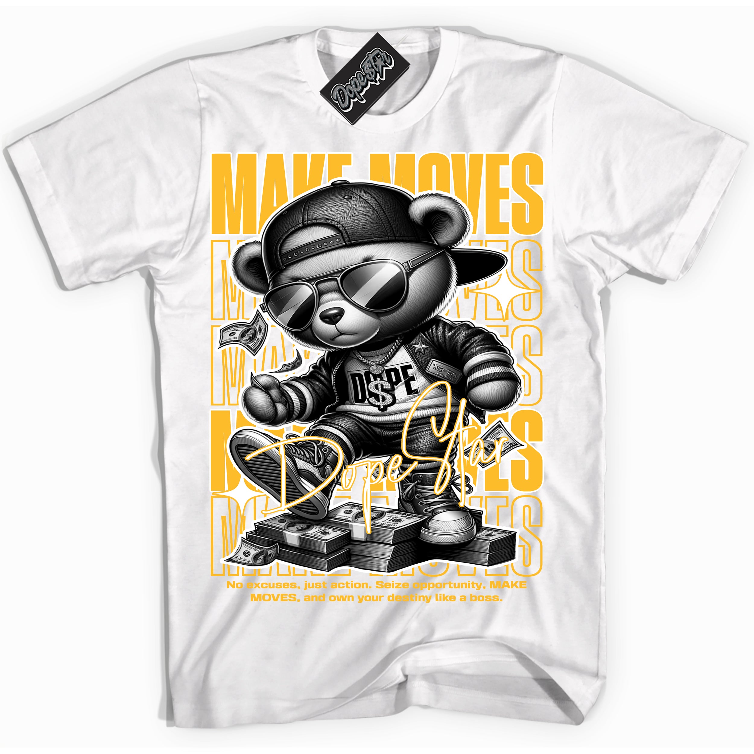 Cool White Shirt with “ Makin Moves” design that perfectly matches White University Gold Sneakers.