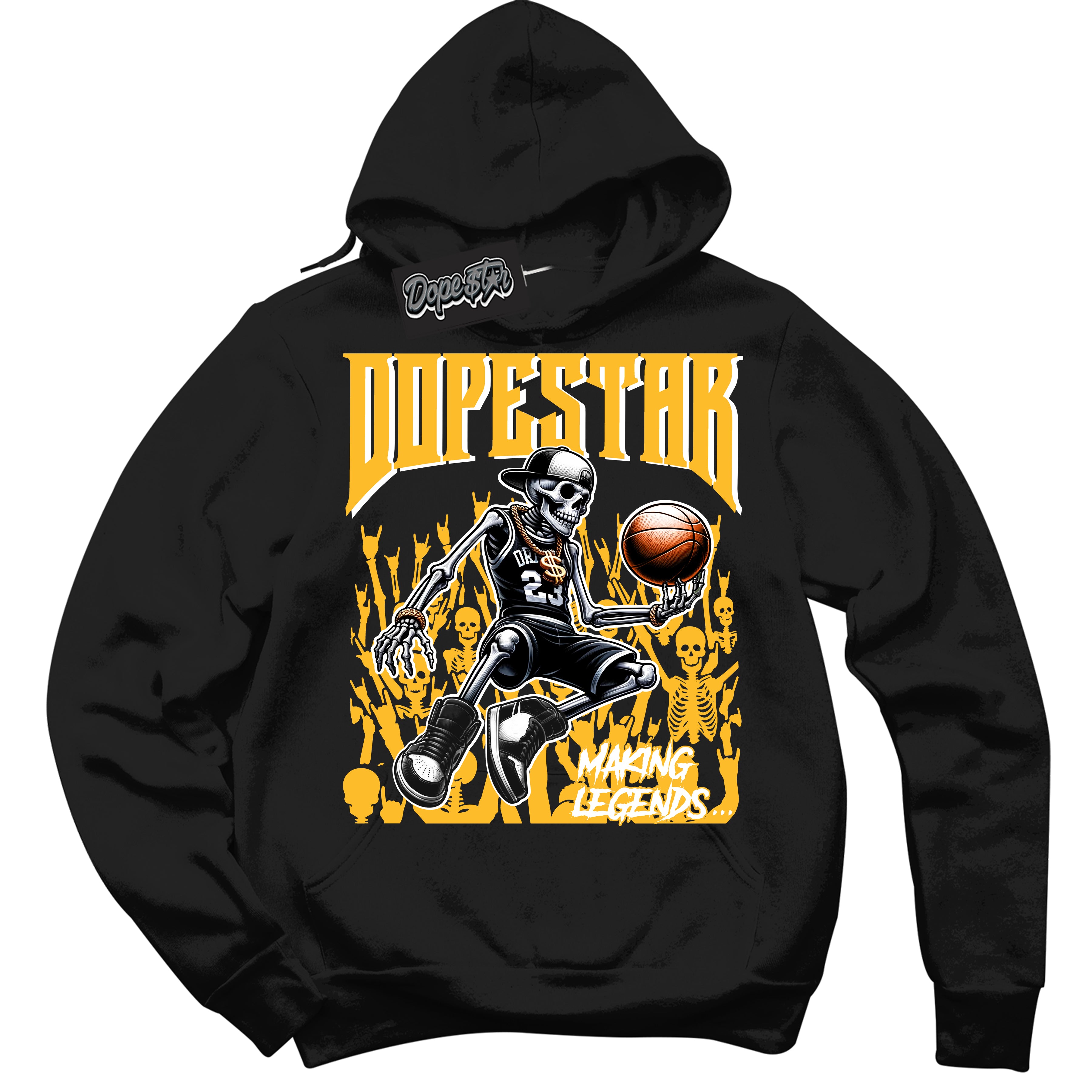 Cool Black Hoodie with “ Making Legends ”  design that Perfectly Matches University Gold Sneakers.