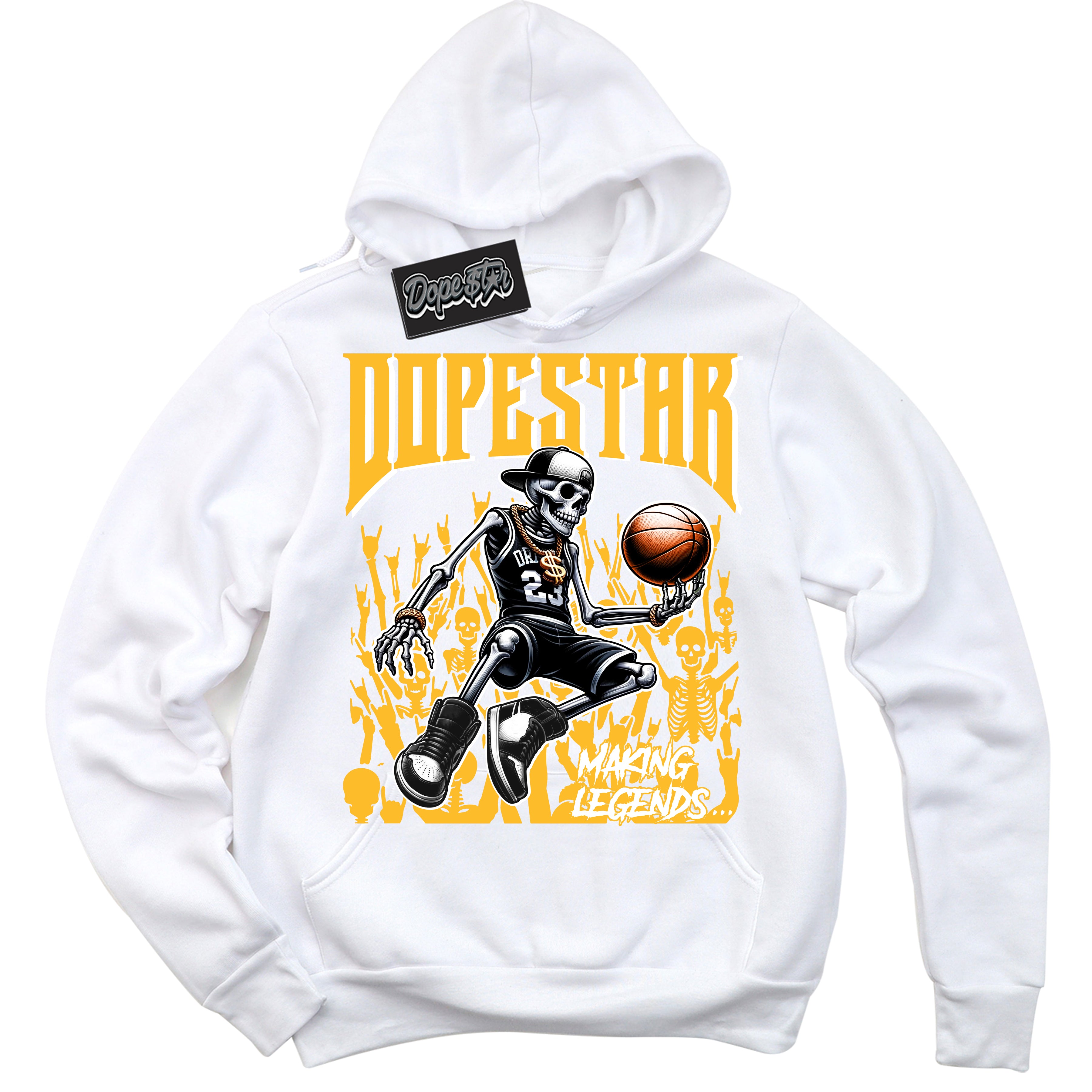 Cool White Hoodie with “ Making Legends ”  design that Perfectly Matches University Gold Sneakers.