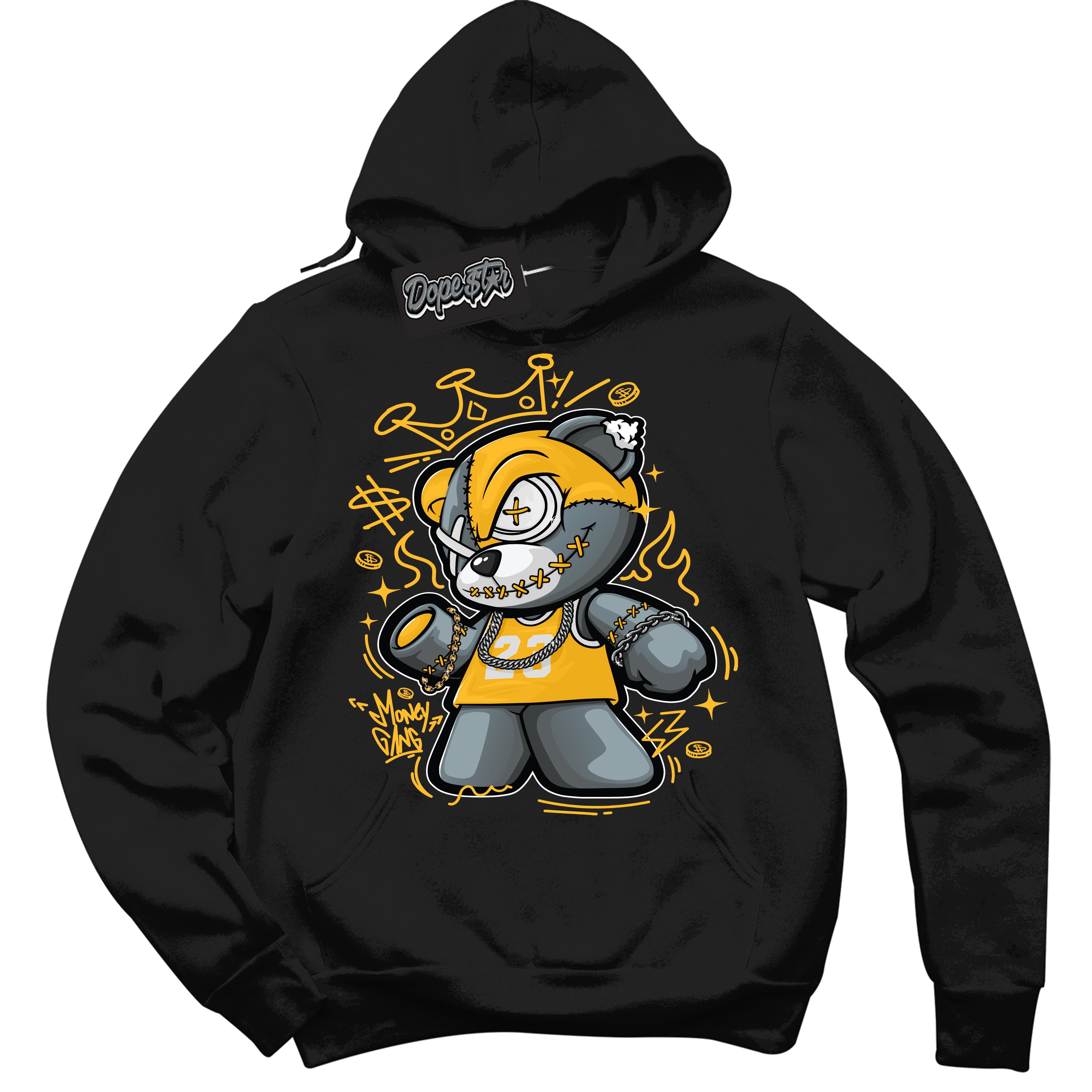 Cool Black Hoodie with “ Money Gang Bear '' design that Perfectly Matches  White University Gold Sneakers.