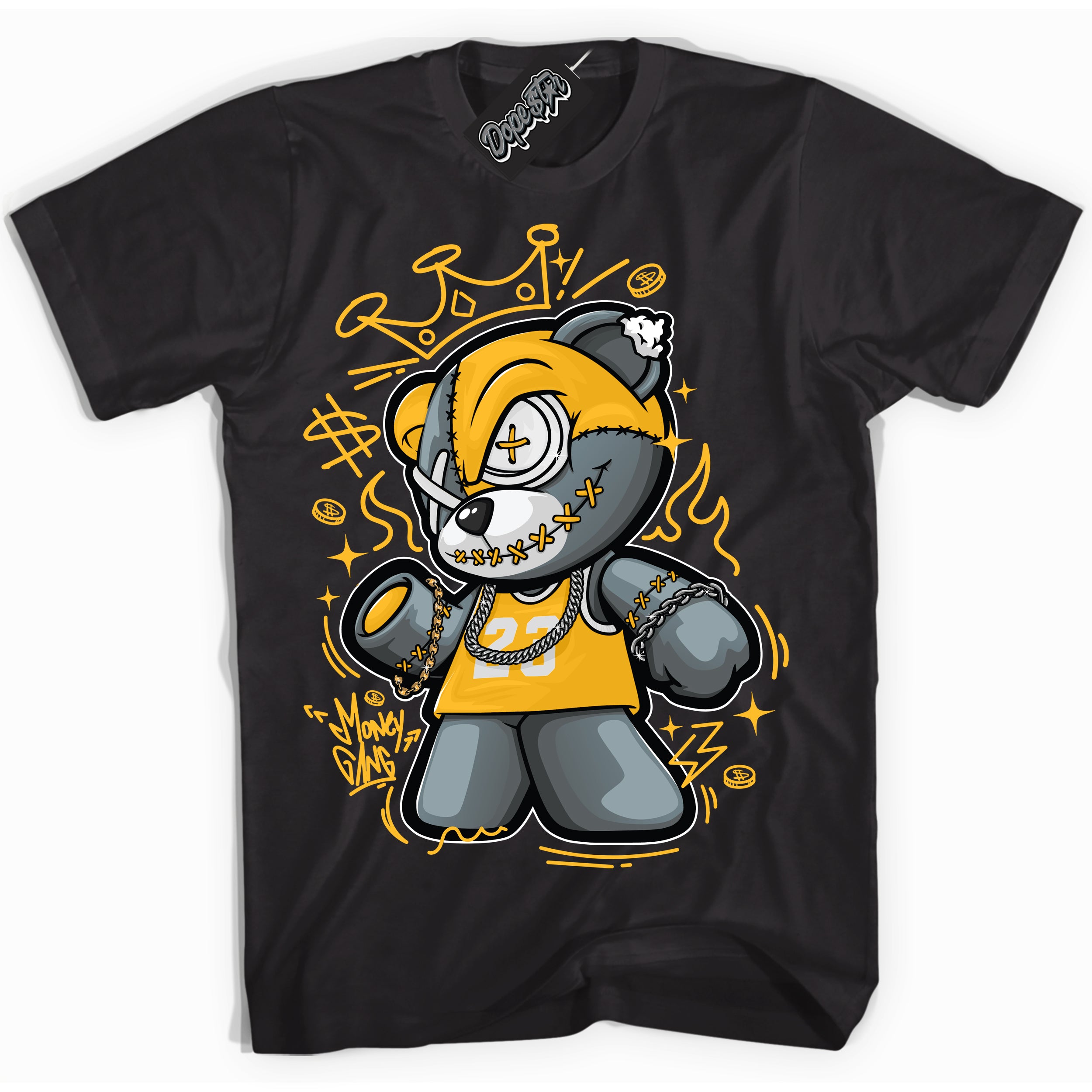 Cool Black Shirt with “ Money Gang Bear ” design that perfectly matches White University Gold Sneakers.