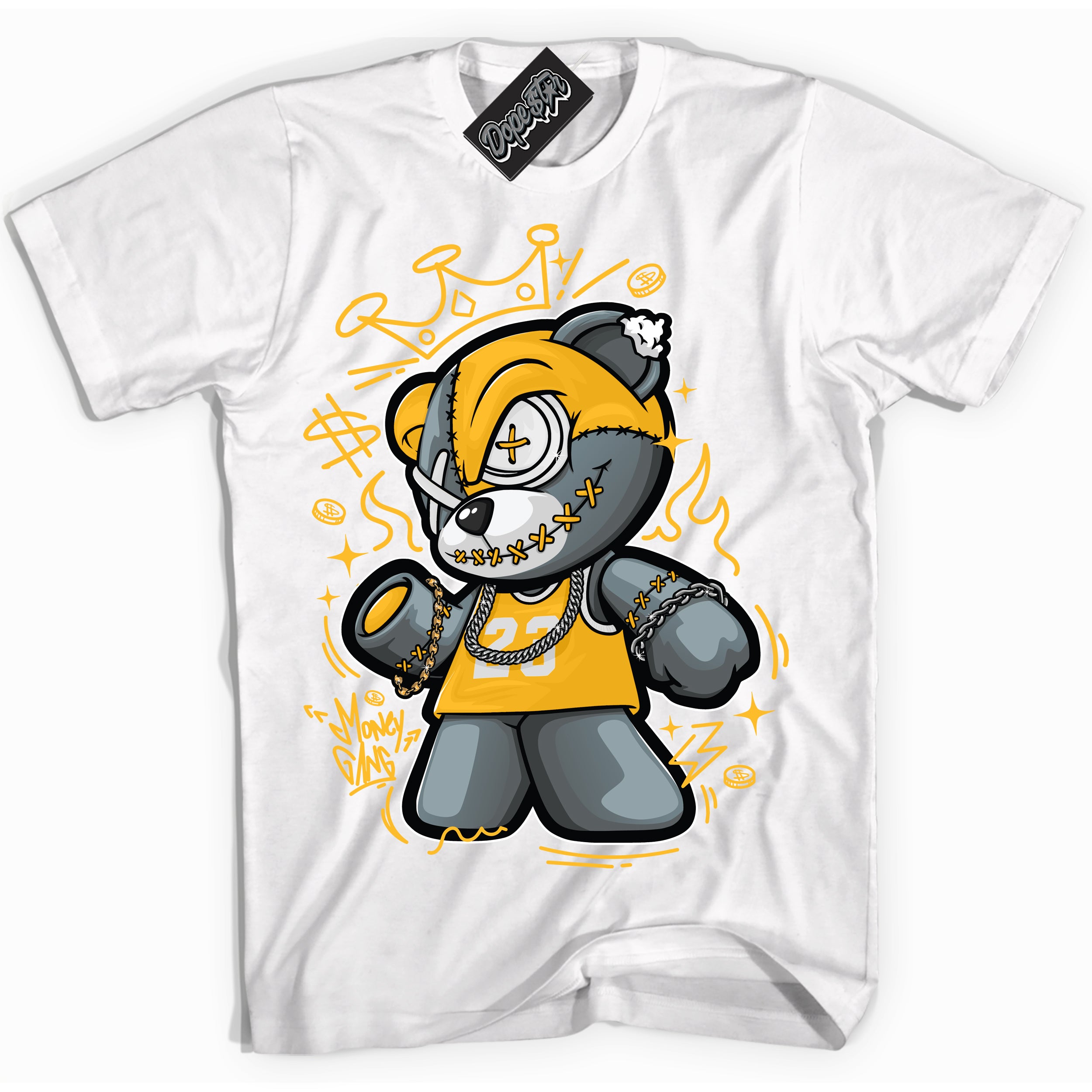 Cool White Shirt with “ Money Gang Bear ” design that perfectly matches White University Gold Sneakers.