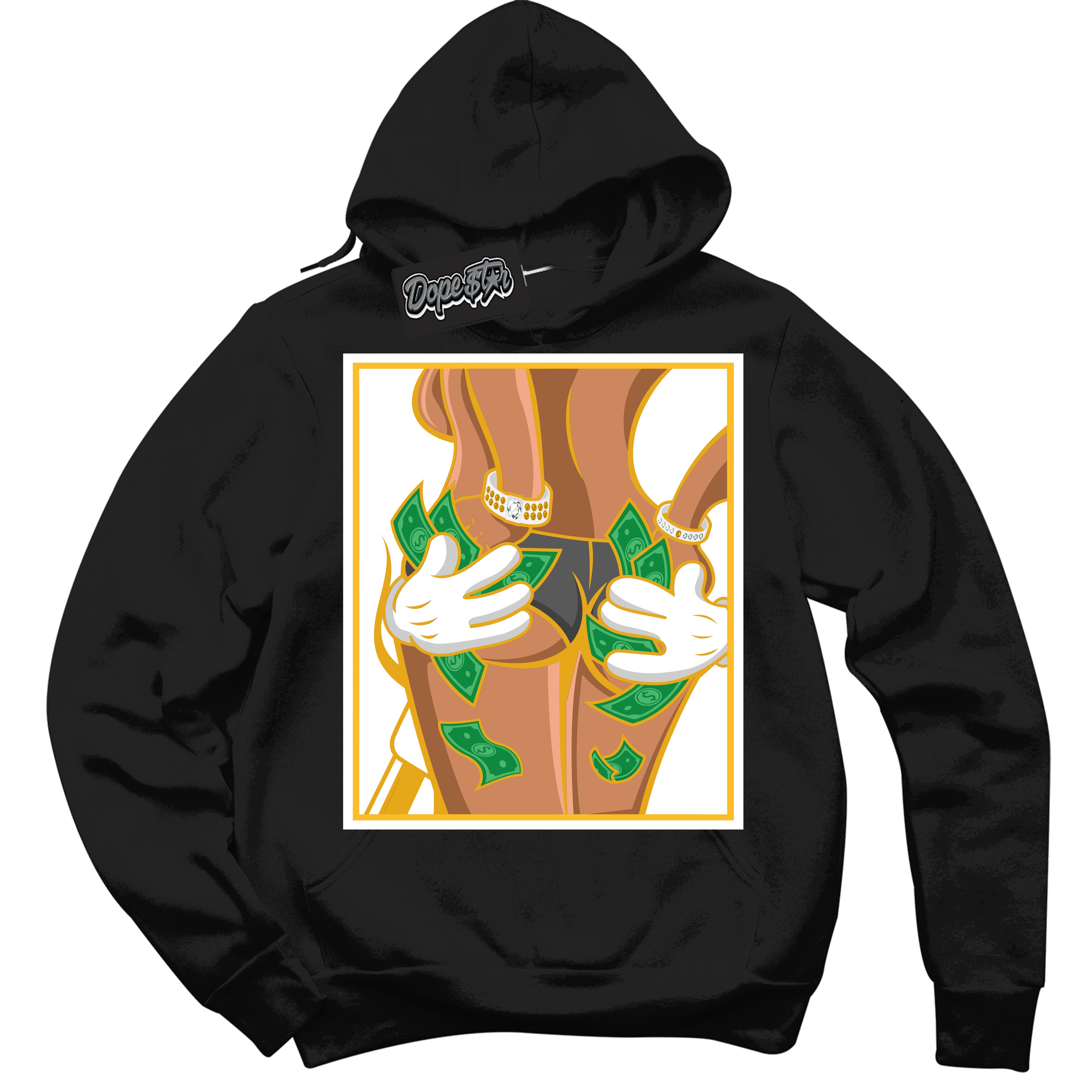 Cool Black Hoodie with “ Money Hands '' design that Perfectly Matches  White University Gold Sneakers.