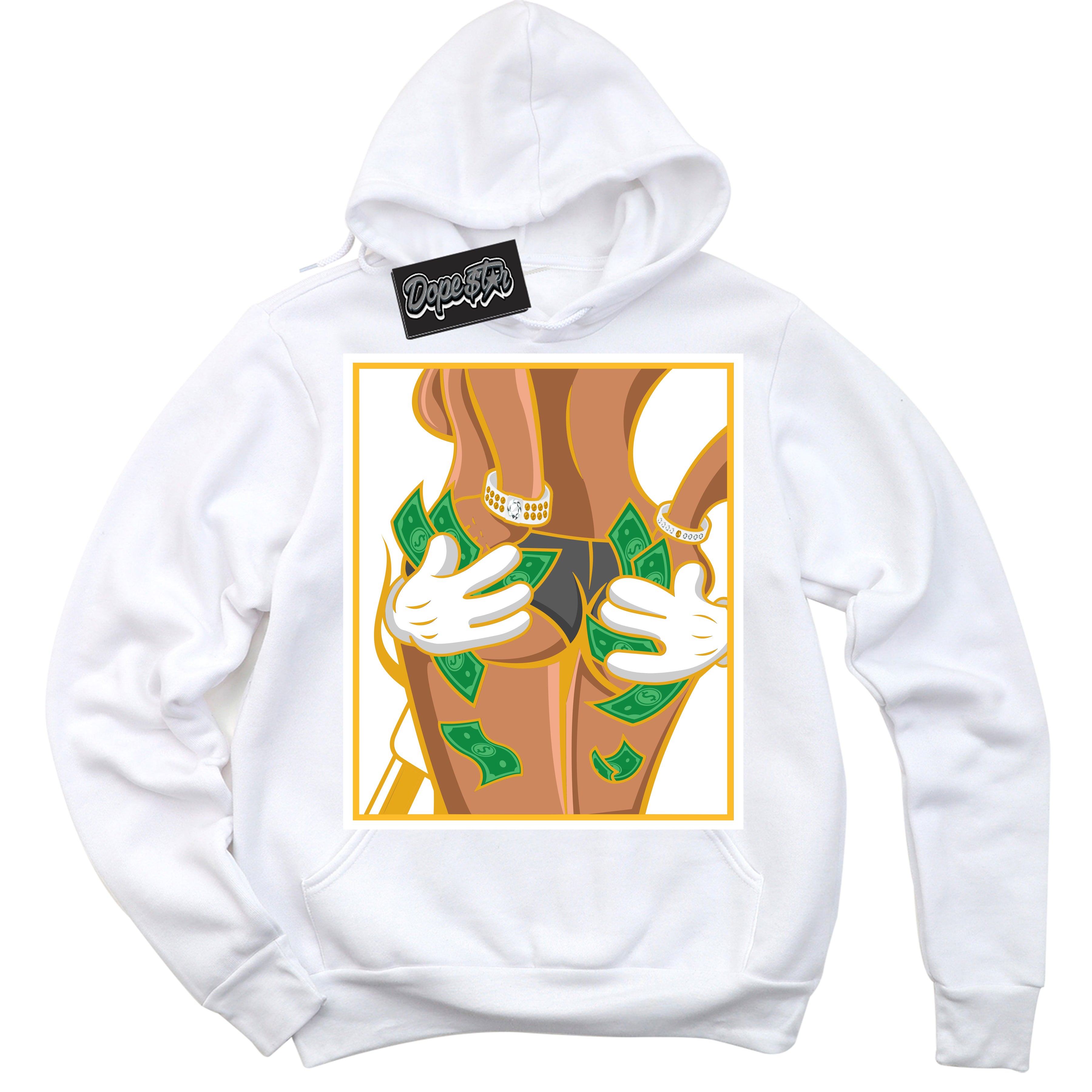 Cool White Hoodie with “ Money Hands '' design that Perfectly Matches  White University Gold Sneakers.