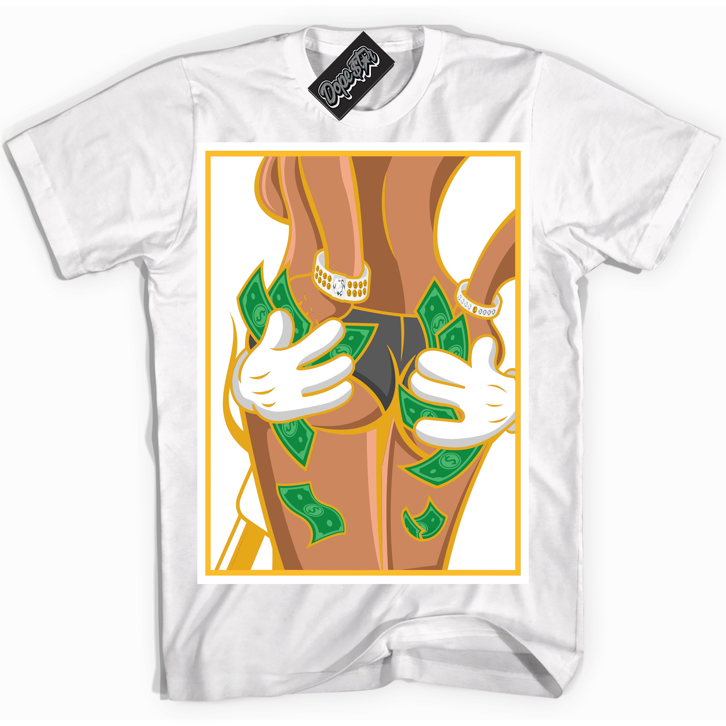 Cool White Shirt with “ Money Hand ” design that perfectly matches White University Gold Sneakers.