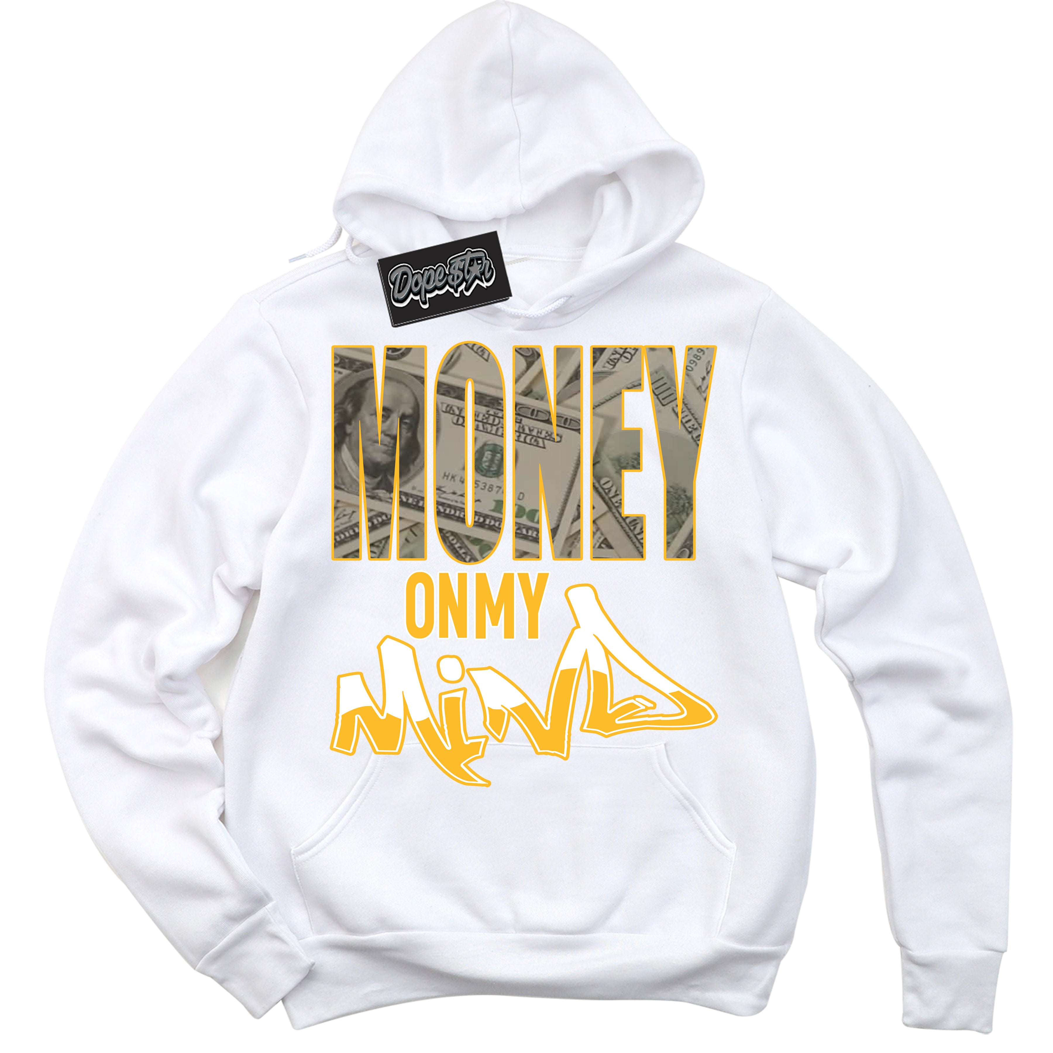 Cool White Hoodie with “ Money On My Mind '' design that Perfectly Matches  White University Gold Sneakers.